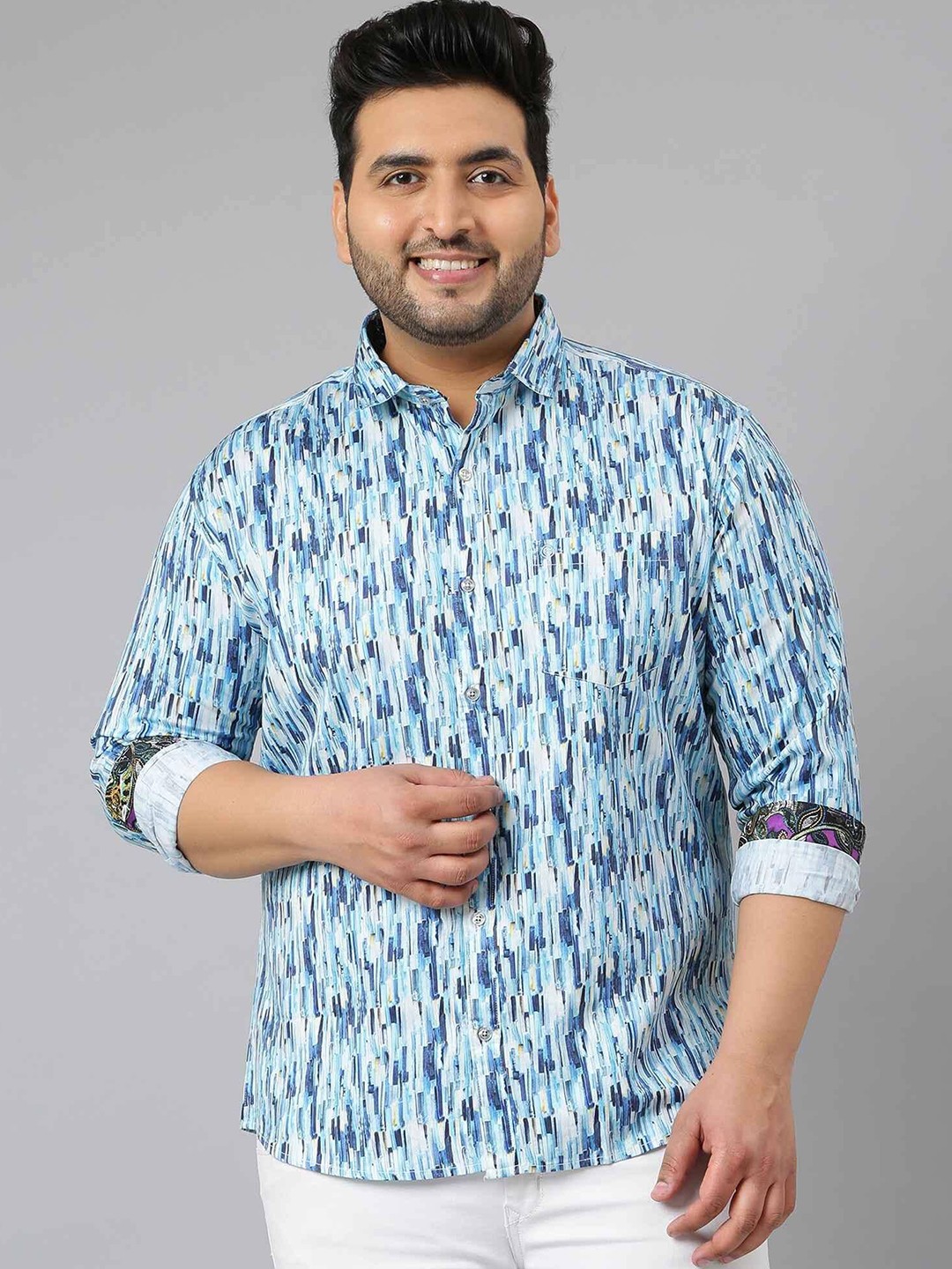 

Guniaa Men Plus Size Spread Collar Abstract Printed Cotton Casual Shirt, Blue