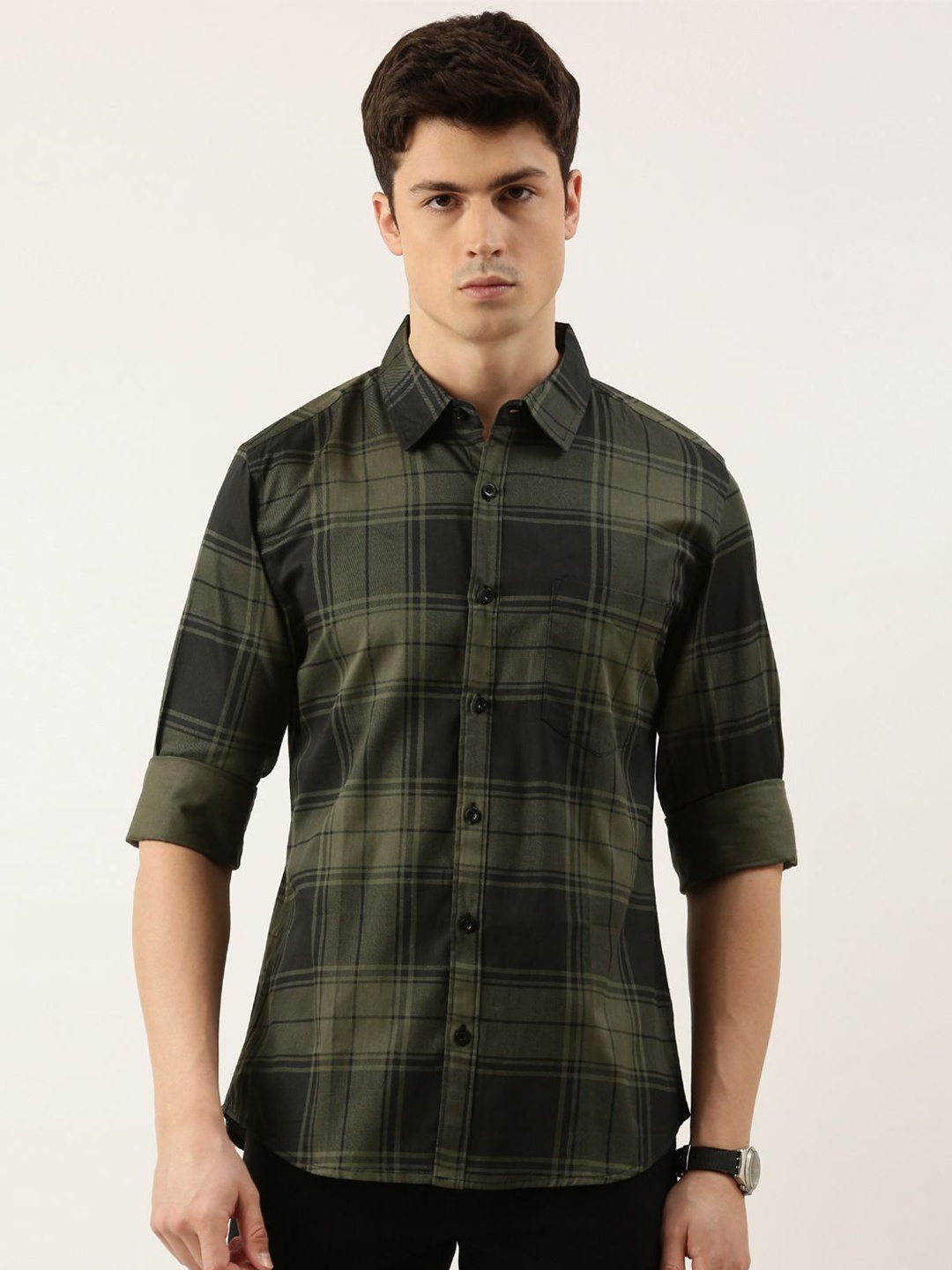 

Metronaut Men Spread Collar Tartan Checked Cotton Casual Shirt, Olive