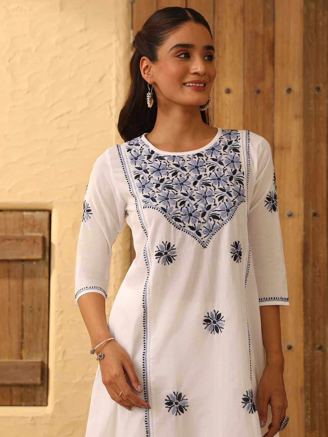 

House of Chikankari Cotton Hand Embroidered Solid Women's Long Kurta With Lace - White