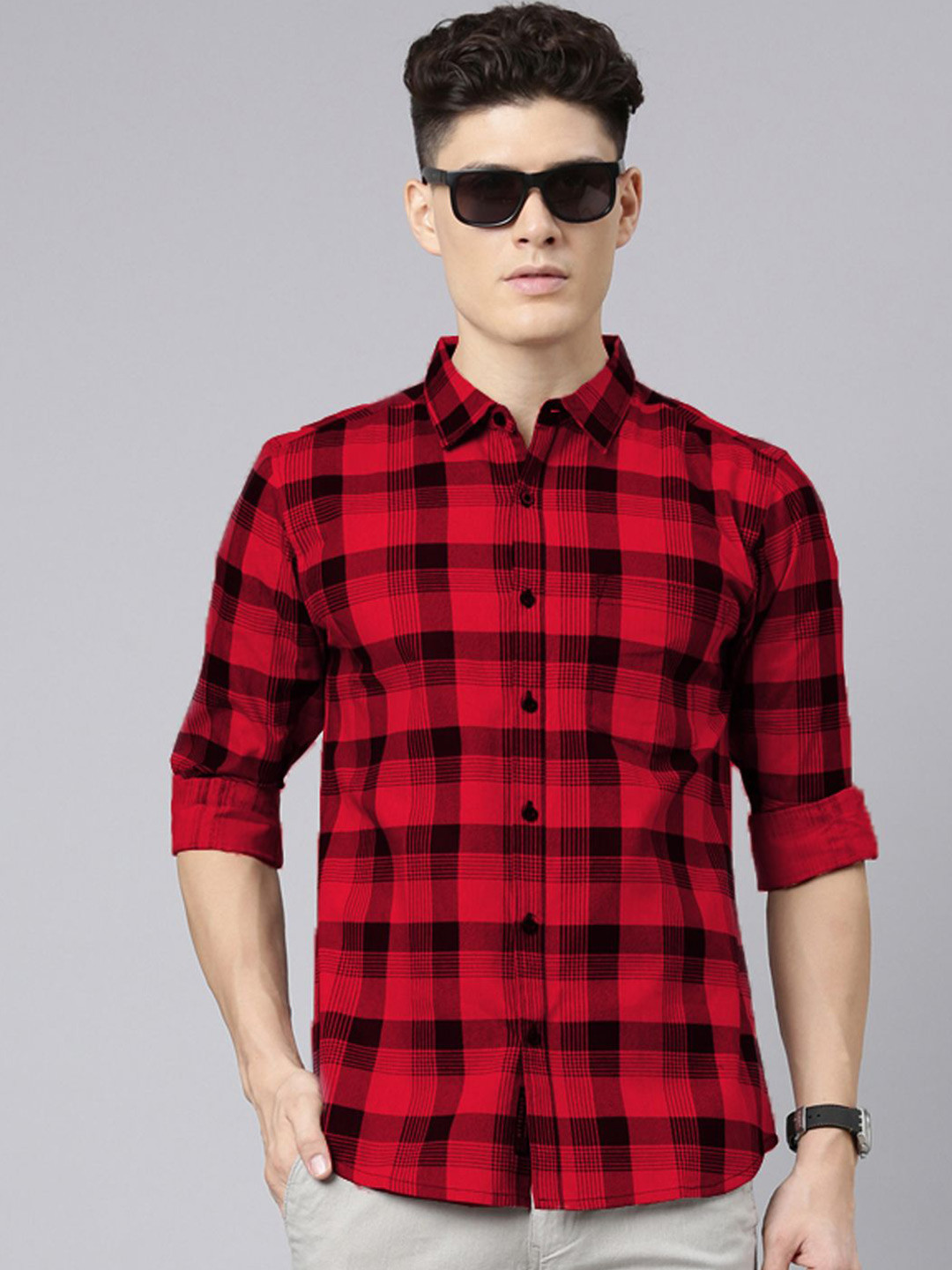 

Metronaut Men Spread Collar Tartan Checked Cotton Casual Shirt, Red