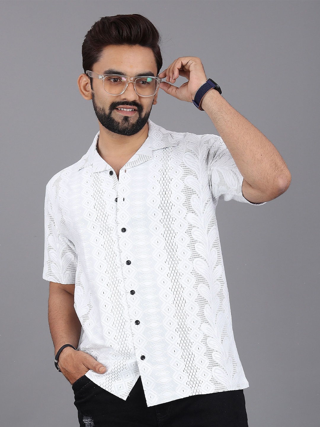 

INDICLUB Men Relaxed Fit Cuban Collar Textured Casual Shirt, White
