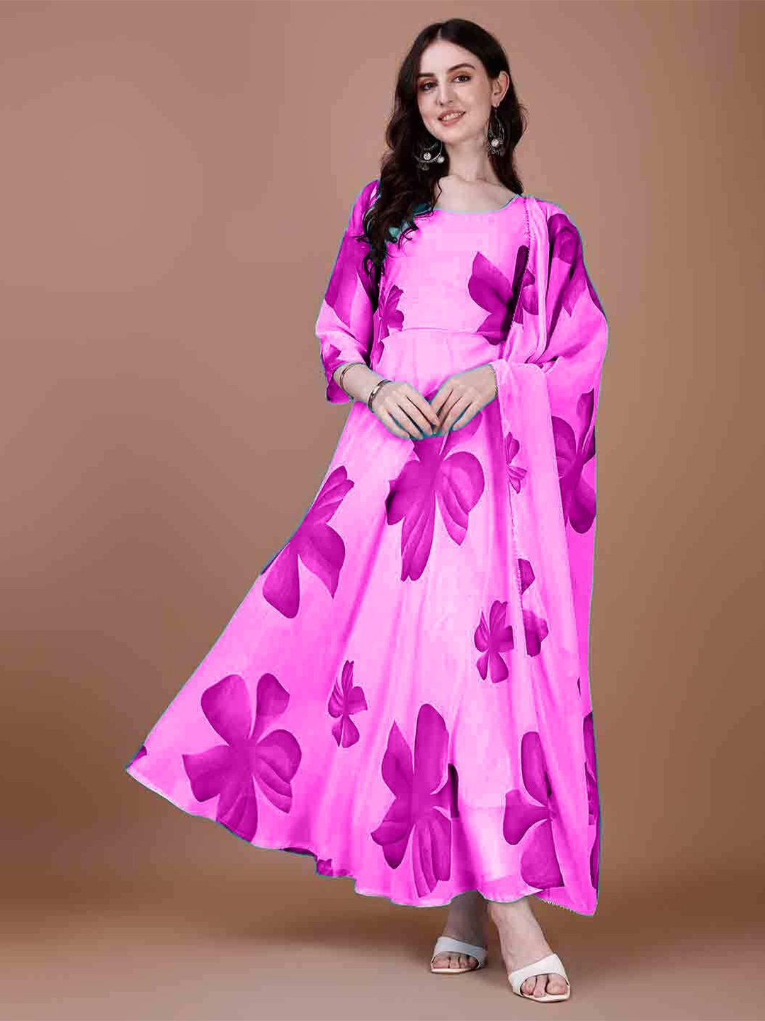 

Raiyani Enterprise Floral Print Crepe Fit & Flare Maxi Dress, Pink