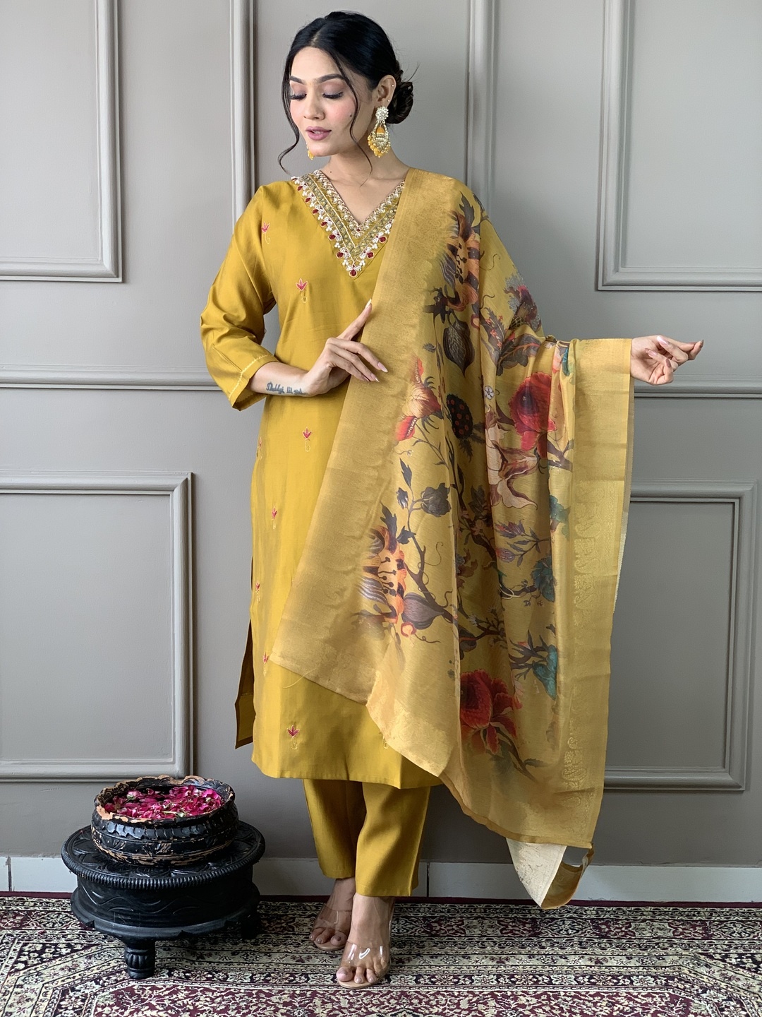 

KALINI Floral Embroidered V-Neck Straight Kurta With Pyjamas And Dupatta, Yellow