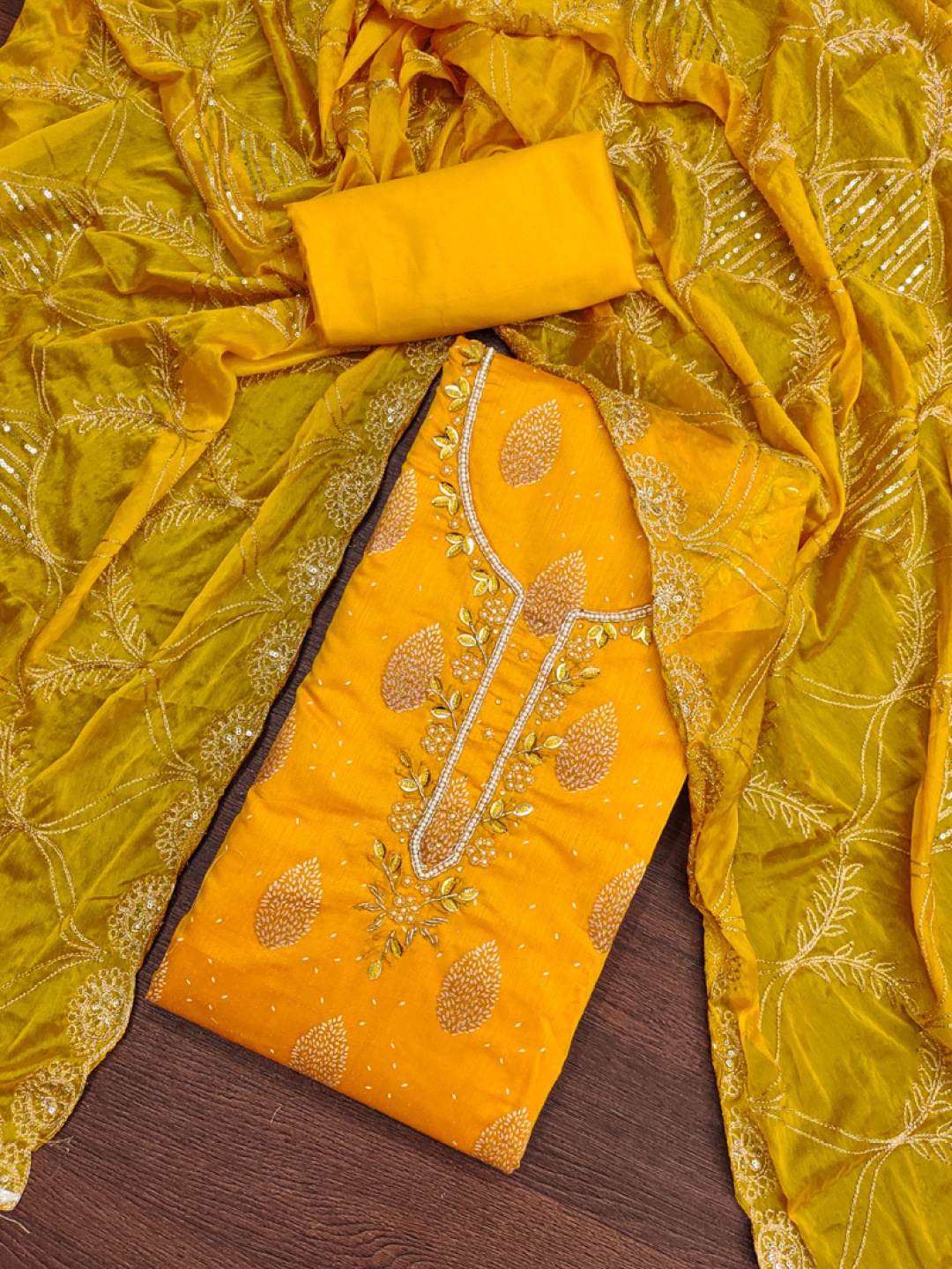 

ASISA Floral Printed Beads And Stones Unstitched Dress Material, Yellow