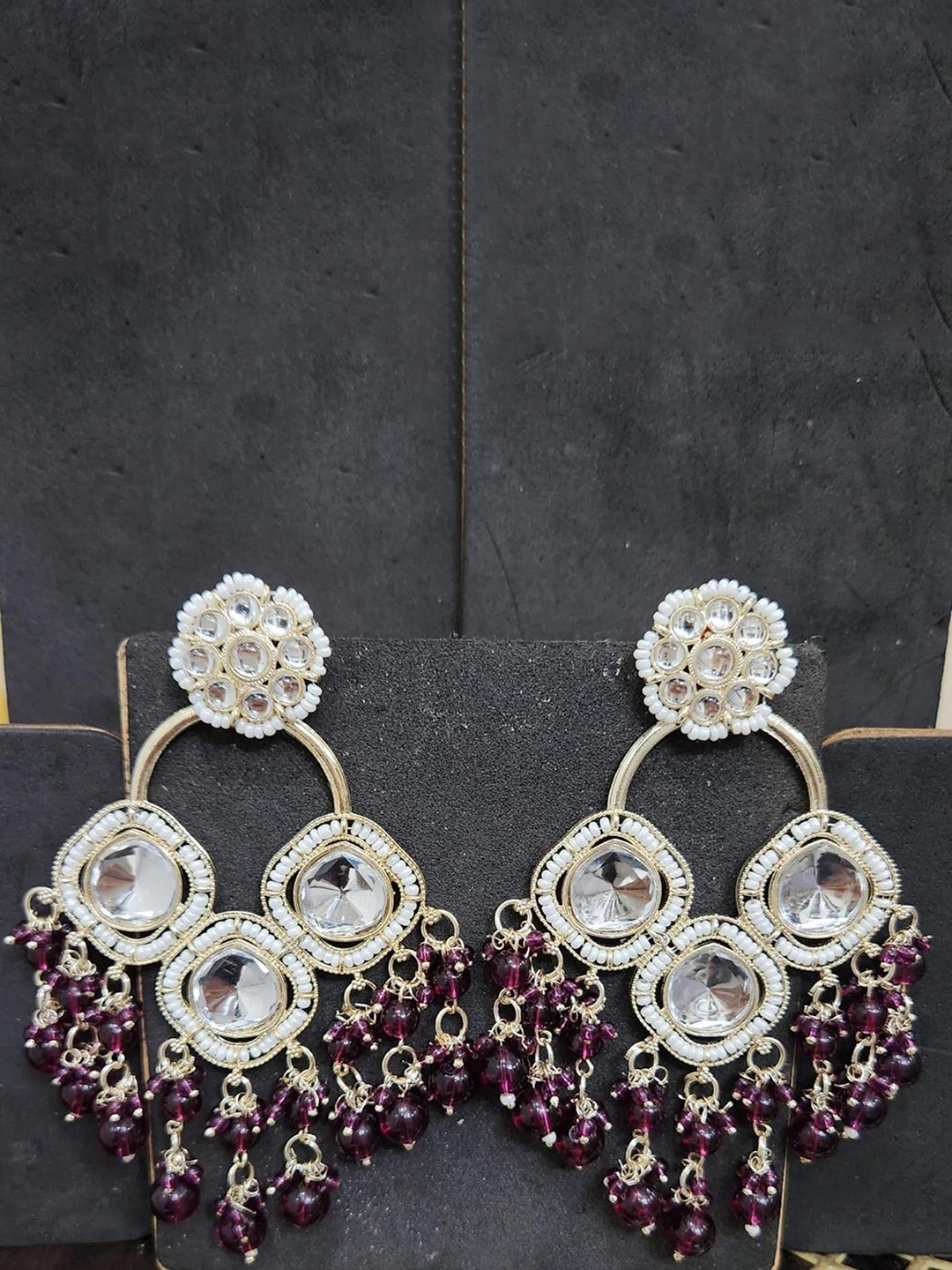 

MADDY SPACE Silver-Plated Artificial Stones Studded & Beaded Drop Earrings, Purple