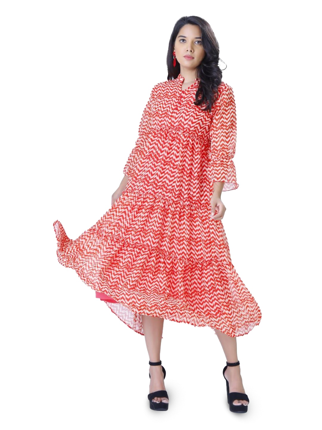 

Silselah Women Mandarin Collar Bell Sleeve Georgette Fit & Flare Midi Dress, Orange