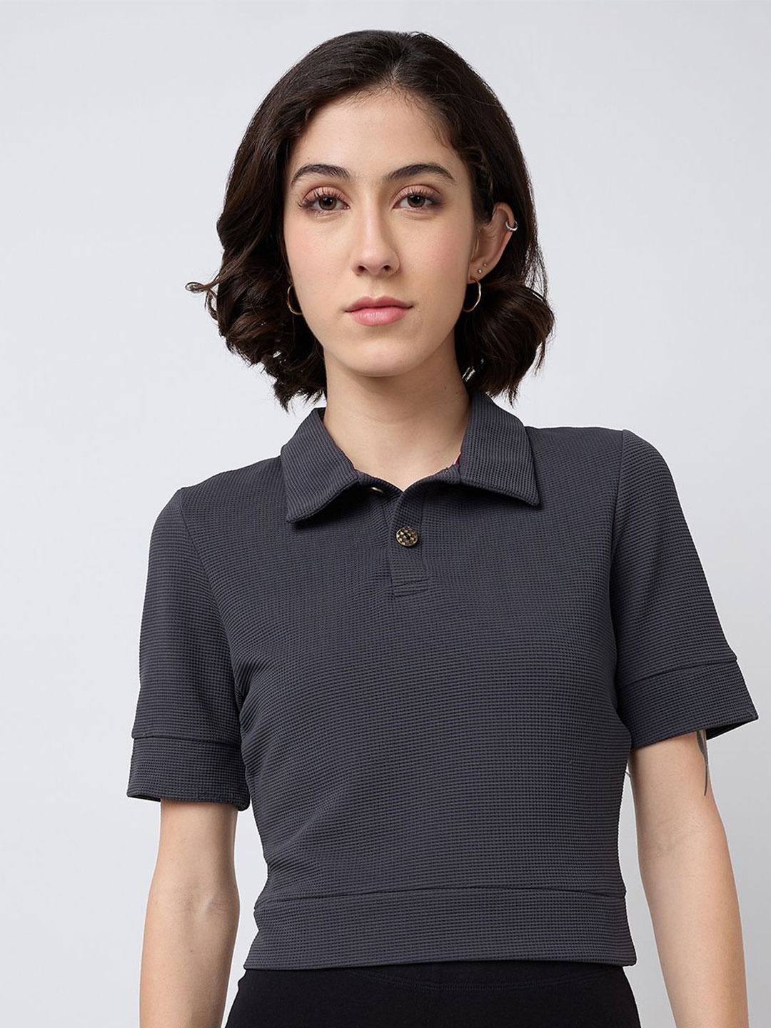 

SZN Women Textured Crop Top, Grey
