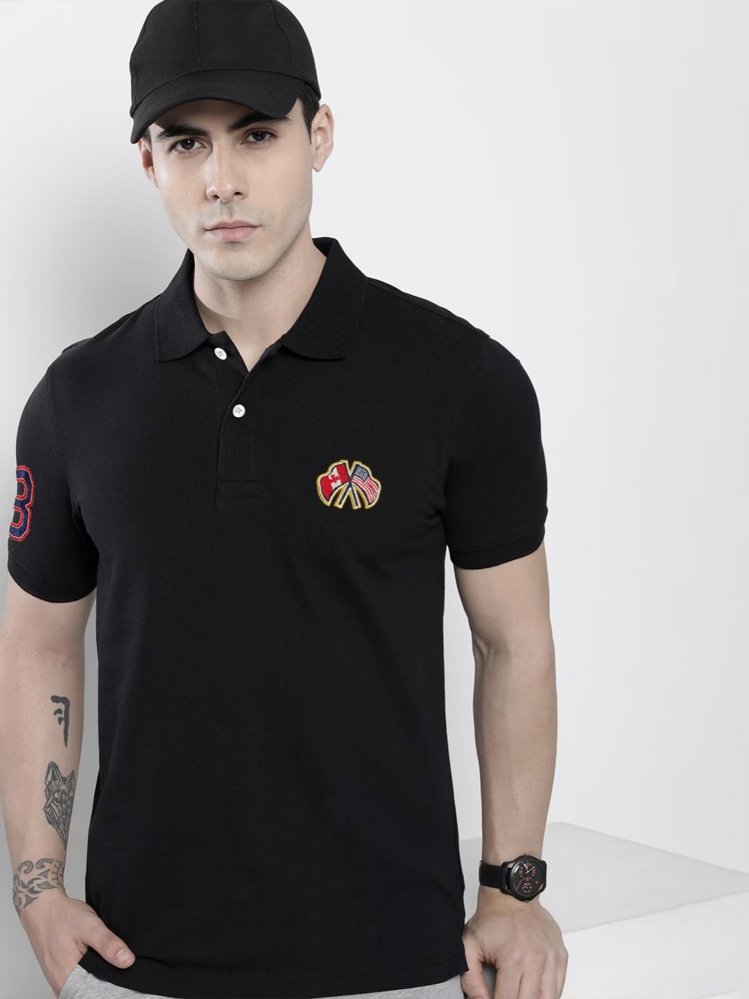 

MERRIMENT Men Solid Polo Collar Cotton T-shirt, Black