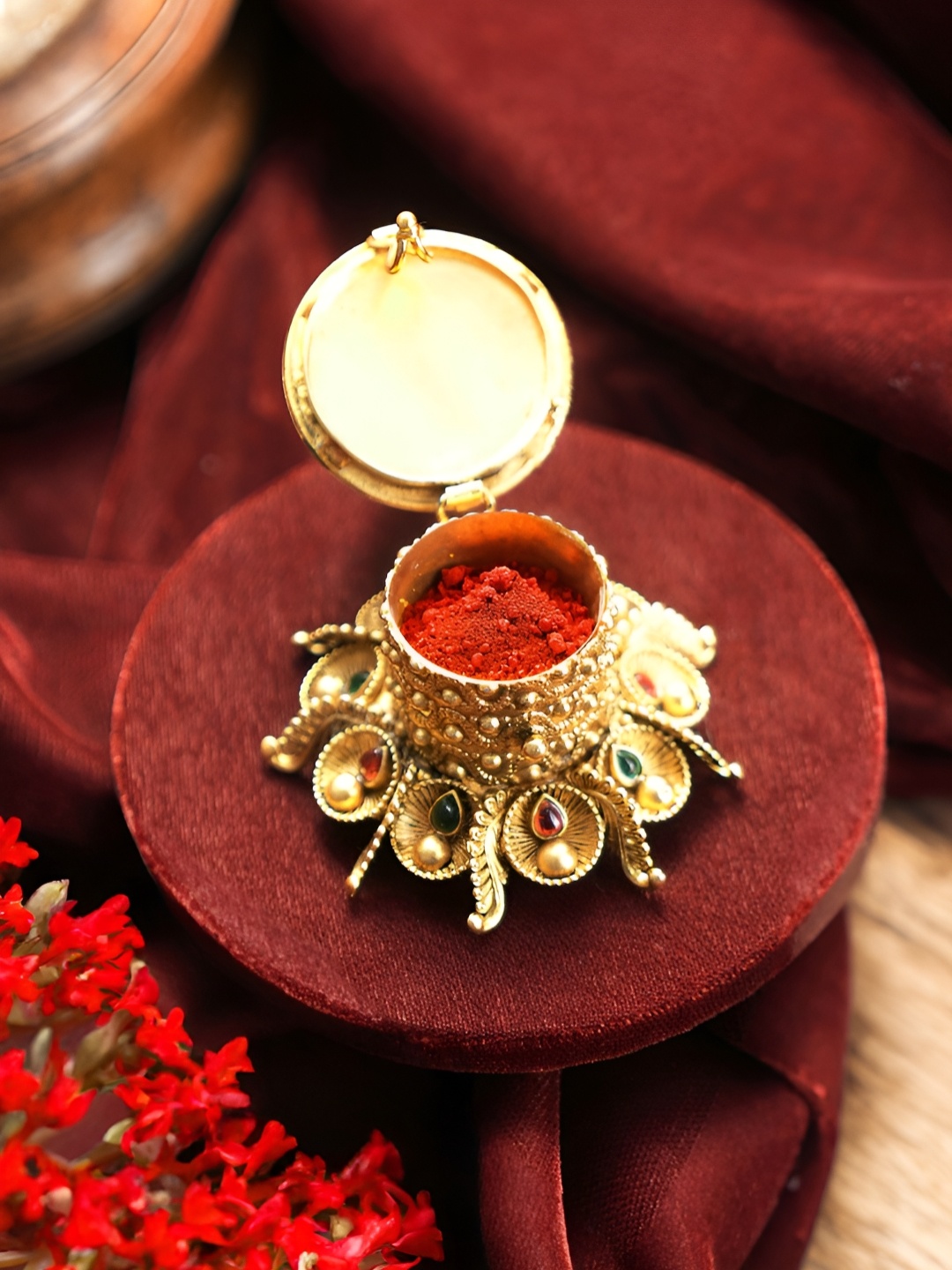 

Saraf RS Jewellery Gold-toned Textured Peacock Design Haldi Kumkum Box