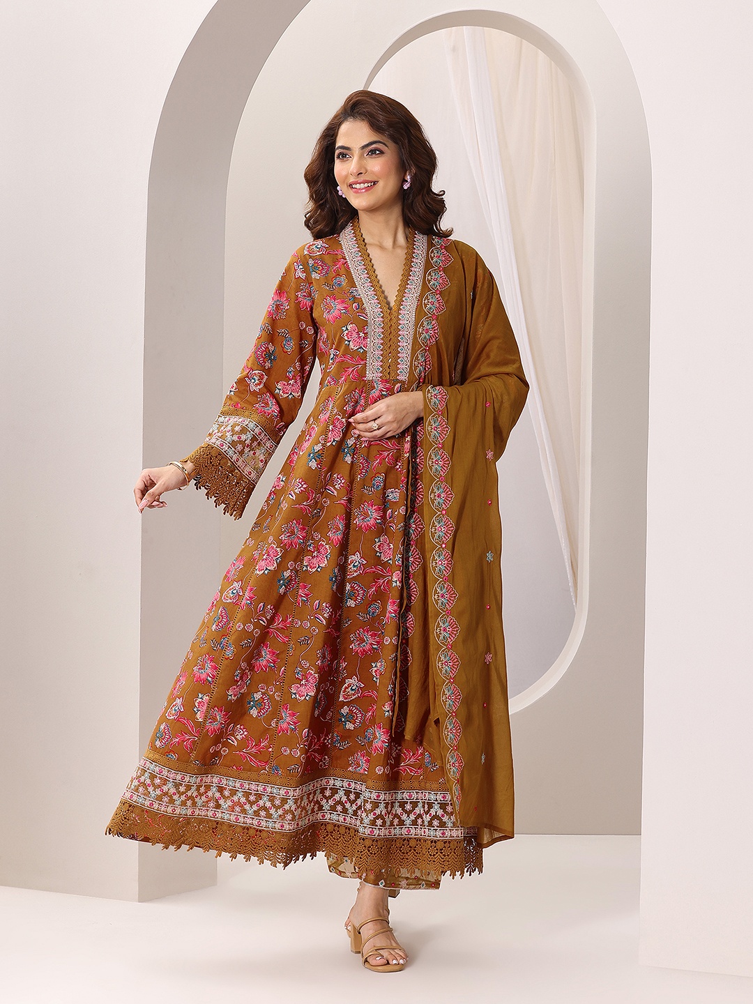 

Libas Women Floral Printed Panelled Sequinned Kurta with Trousers & With Dupatta, Mustard