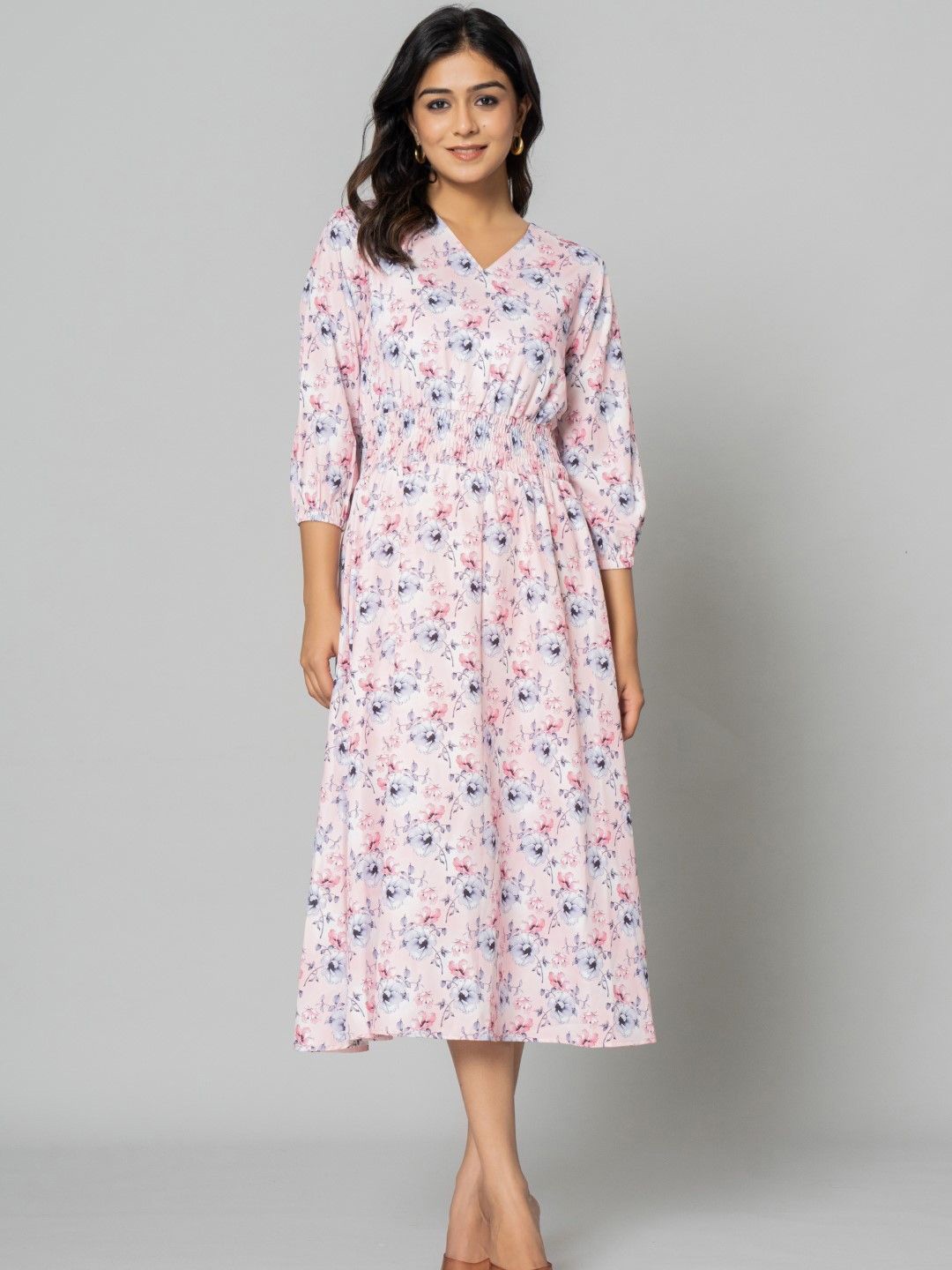 

Aanys Culture Floral Printed Puff Sleeves Fit & Flare Midi Dress, Peach