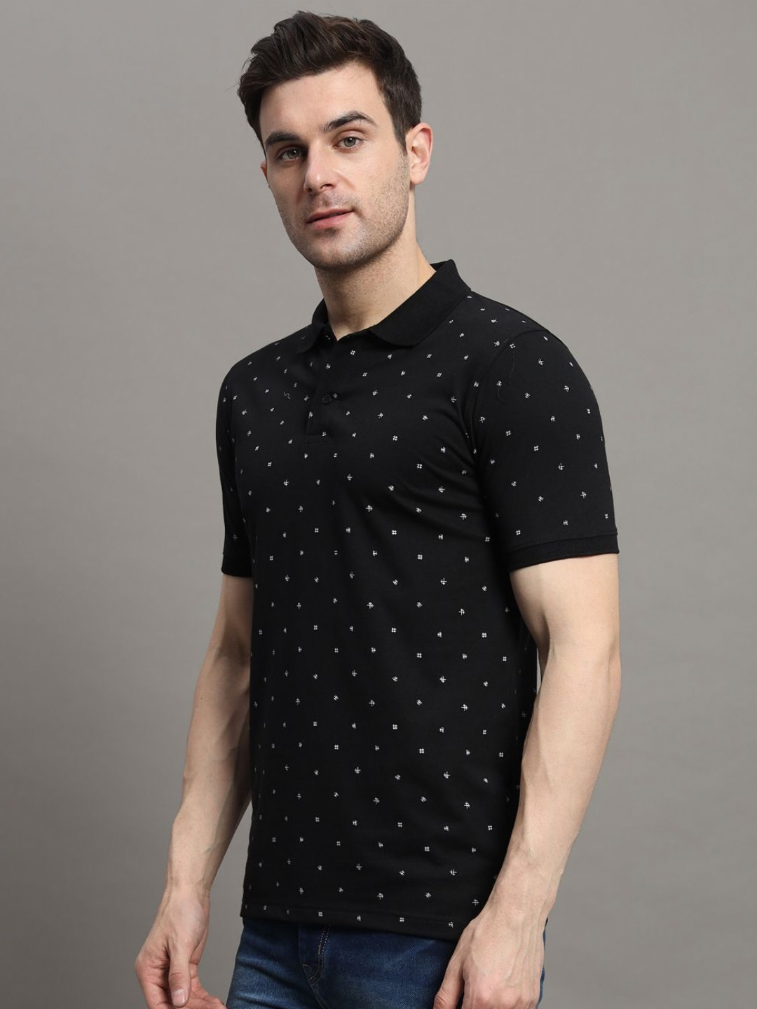 

MERRIMENT Men Conversational Printed Polo Collar Cotton T-shirt, Black