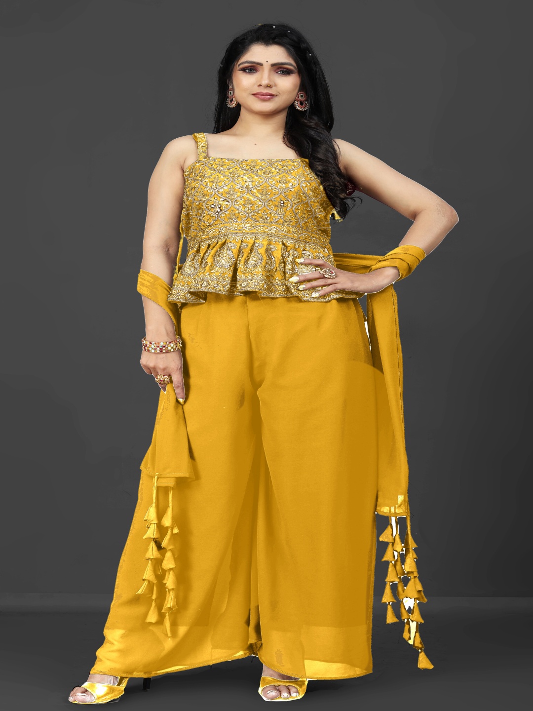 

SANCIA Shoulder Straps Embroidered Georgette Ethnic Tunic With Palazzos & Dupatta, Yellow