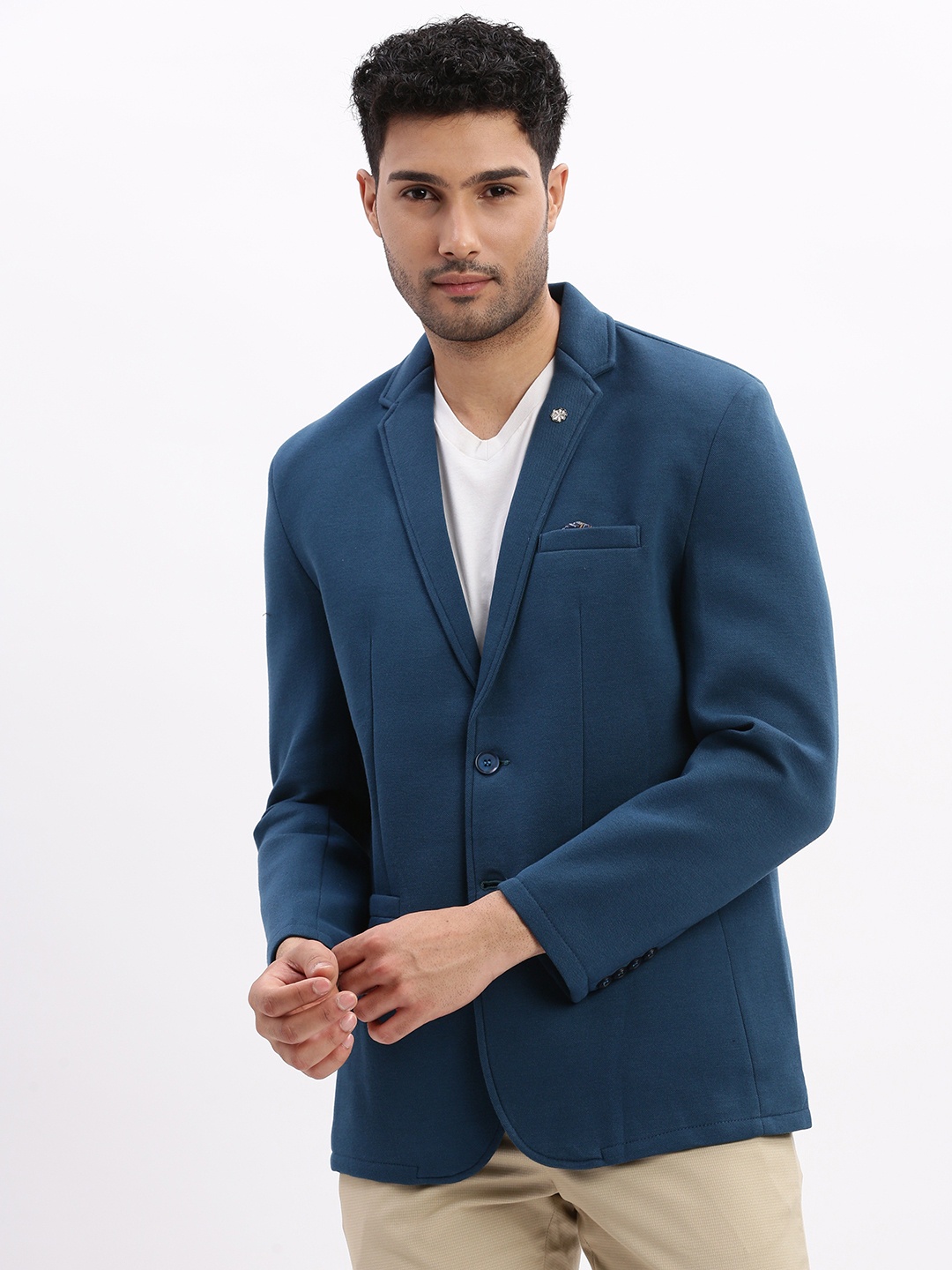 

SHOWOFF Cotton Slim Fit Single-Breasted Blazer, Teal