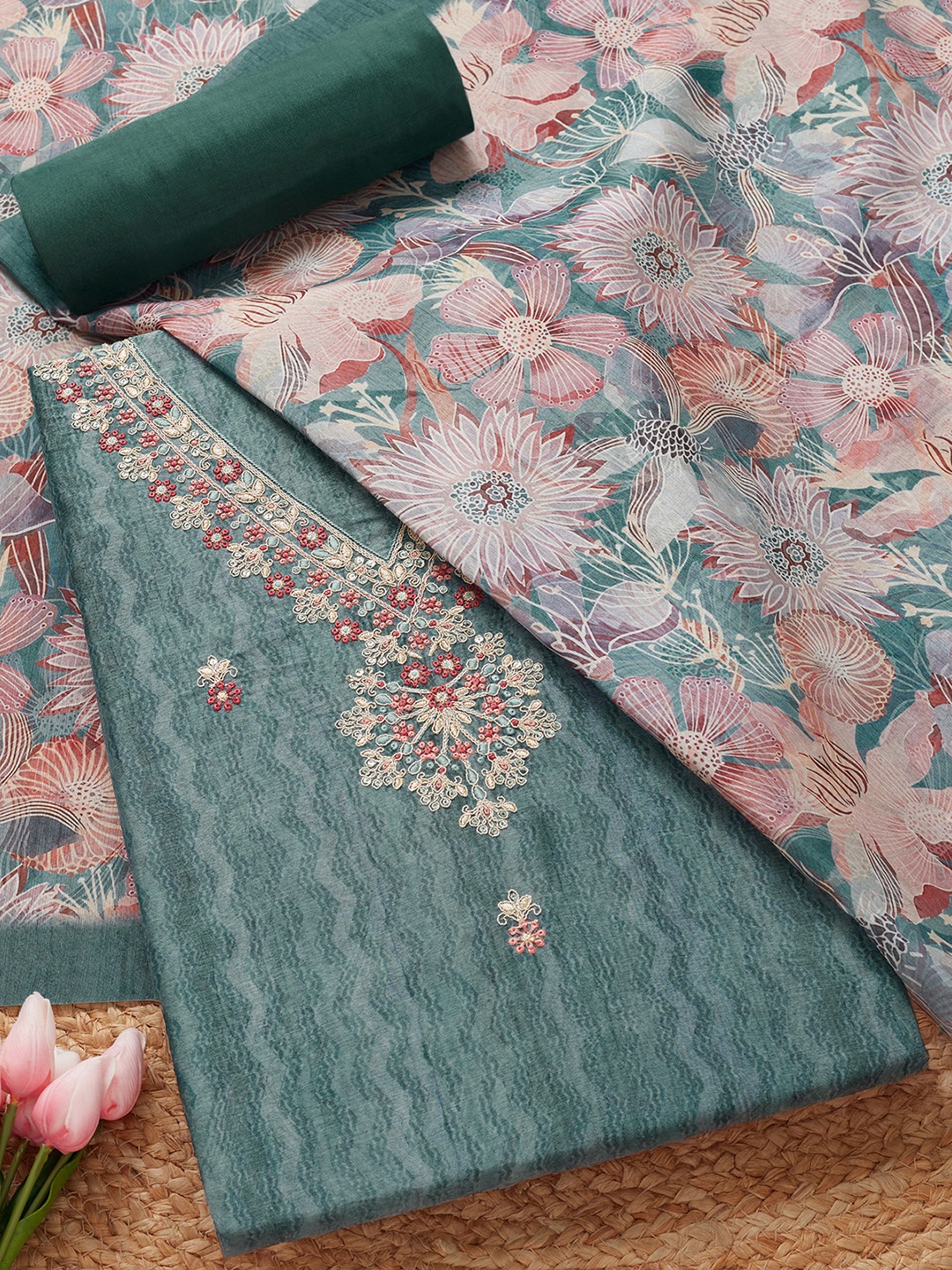 

Soch Floral Embroidered Sequinned Tussar Silk Unstitched Dress Material, Green