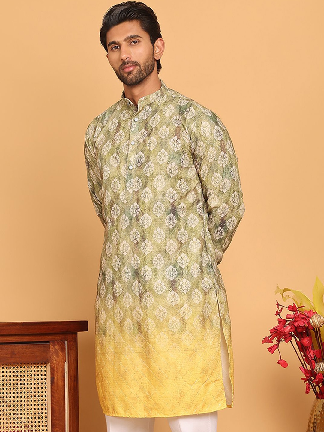 

Jompers Ethnic Motifs Printed Mandarin Collar Thread Work Straight Kurta, Green