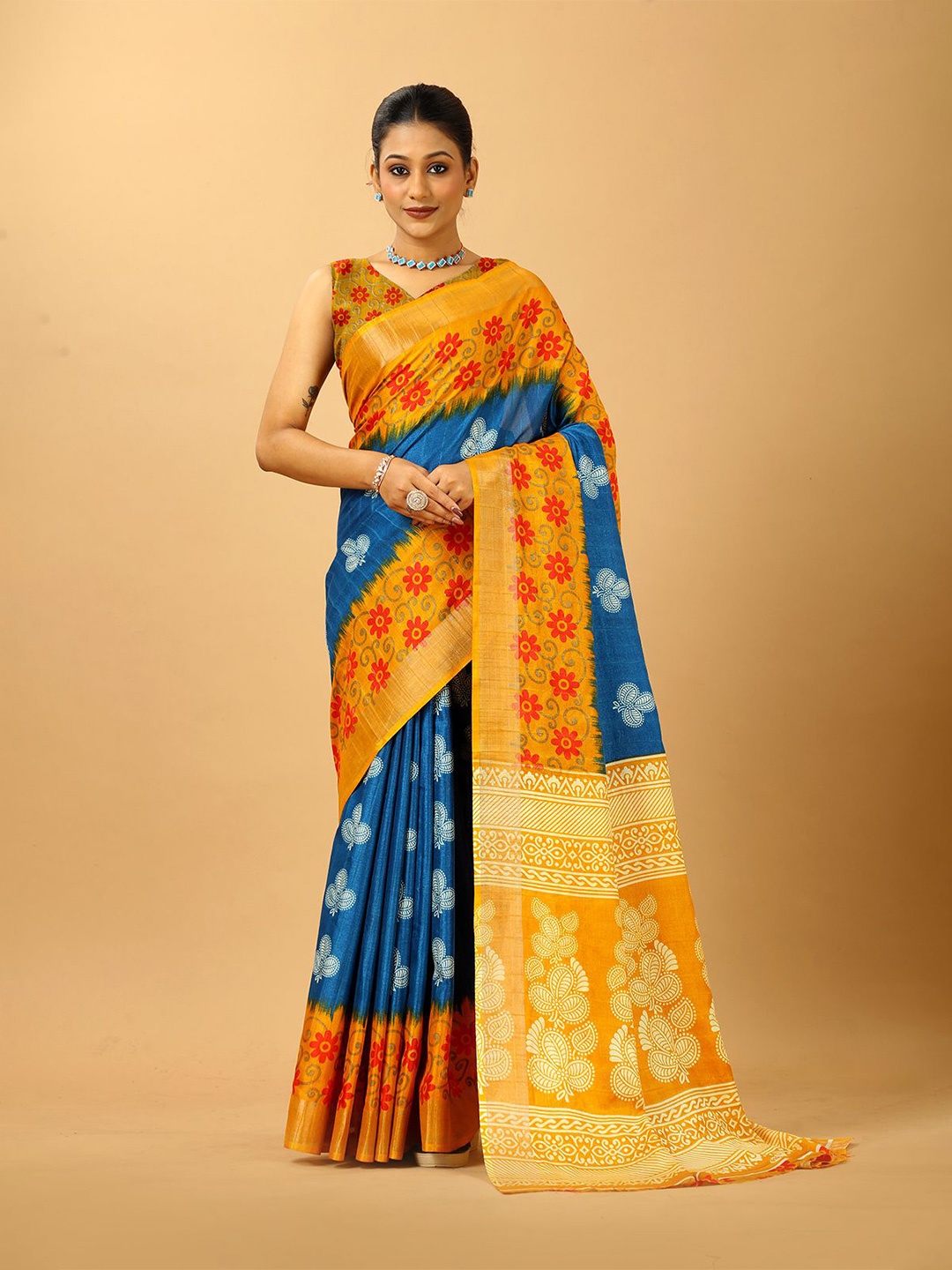 

A.V.M. SILK MILLS Floral Zari Saree, Turquoise blue