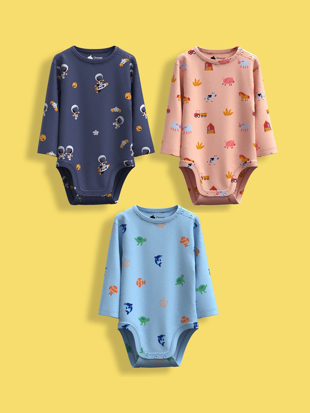 

Orange Sugar Infants Pack Of 3 Printed Cotton Bodysuits, Blue