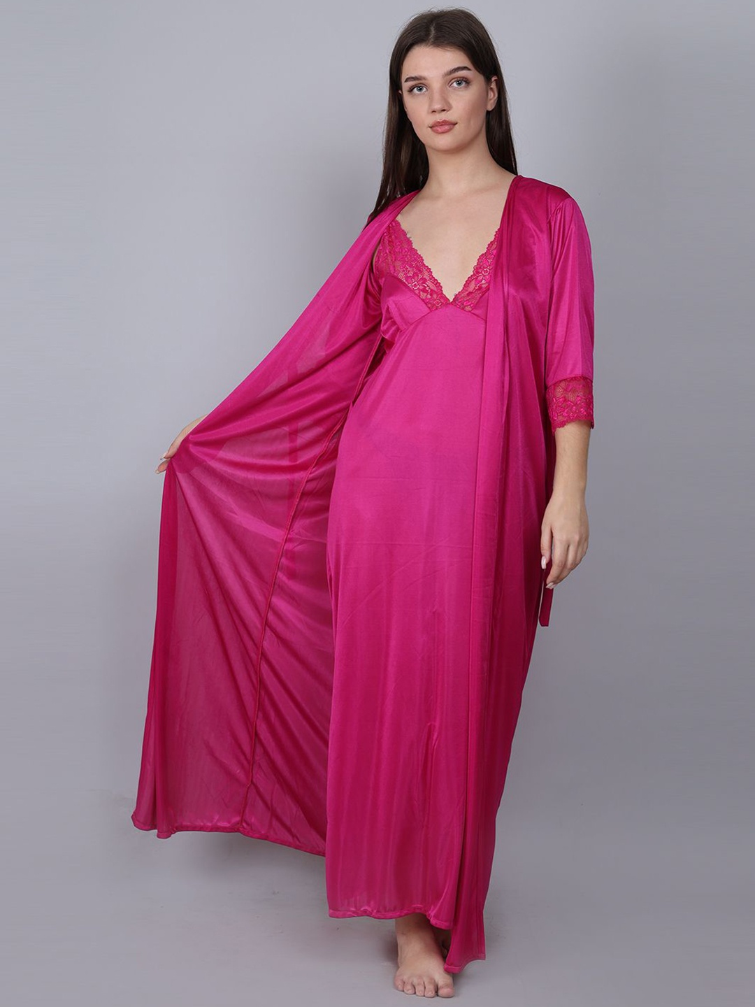 

XPIOX Women Satin Maxi Nightdress With Robe, Fuchsia