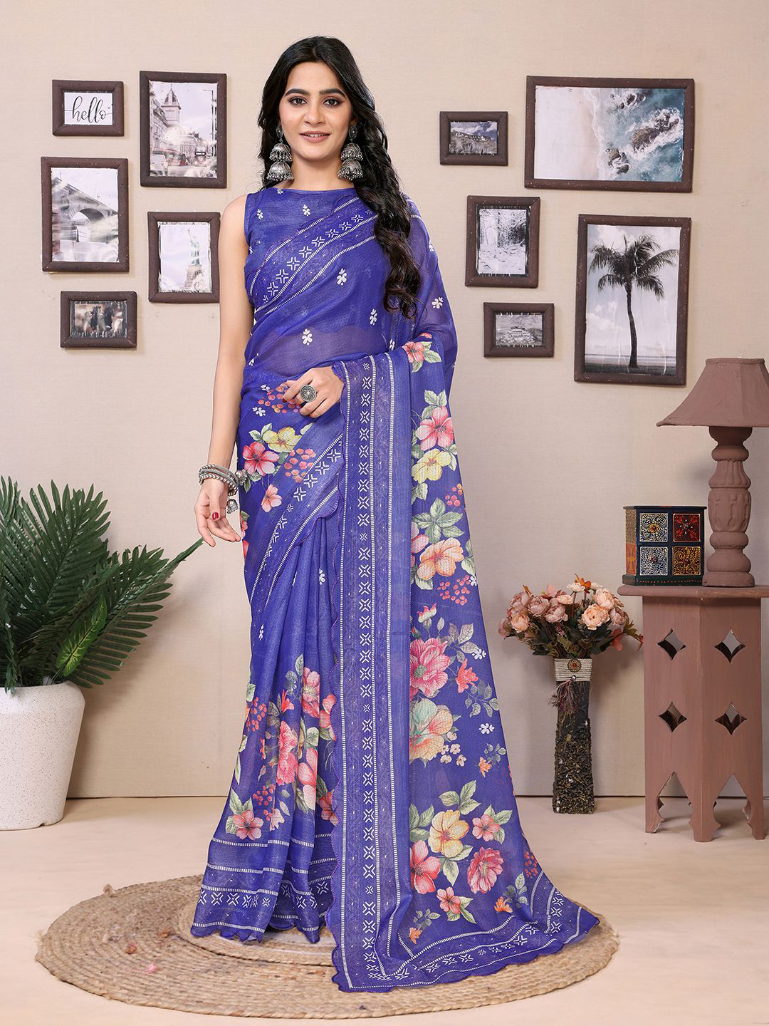 

DIVASTRI Floral Printed Ready to Wear Saree, Blue