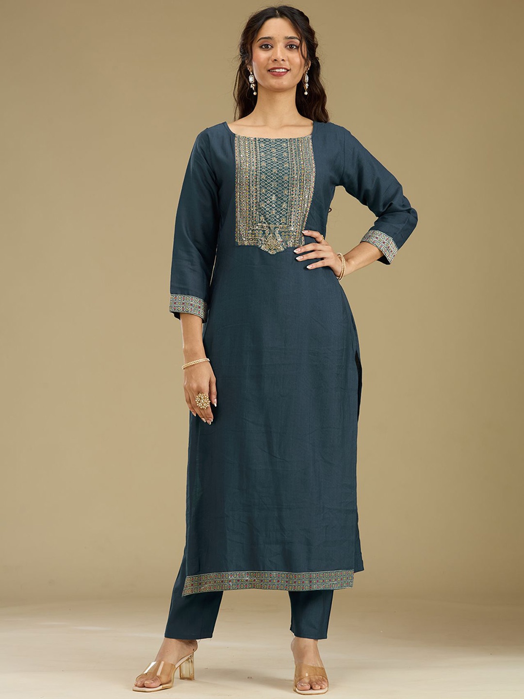 

Koskii Women Floral Yoke Design Regular Thread Work Kurta with Trouser & Dupatta, Blue