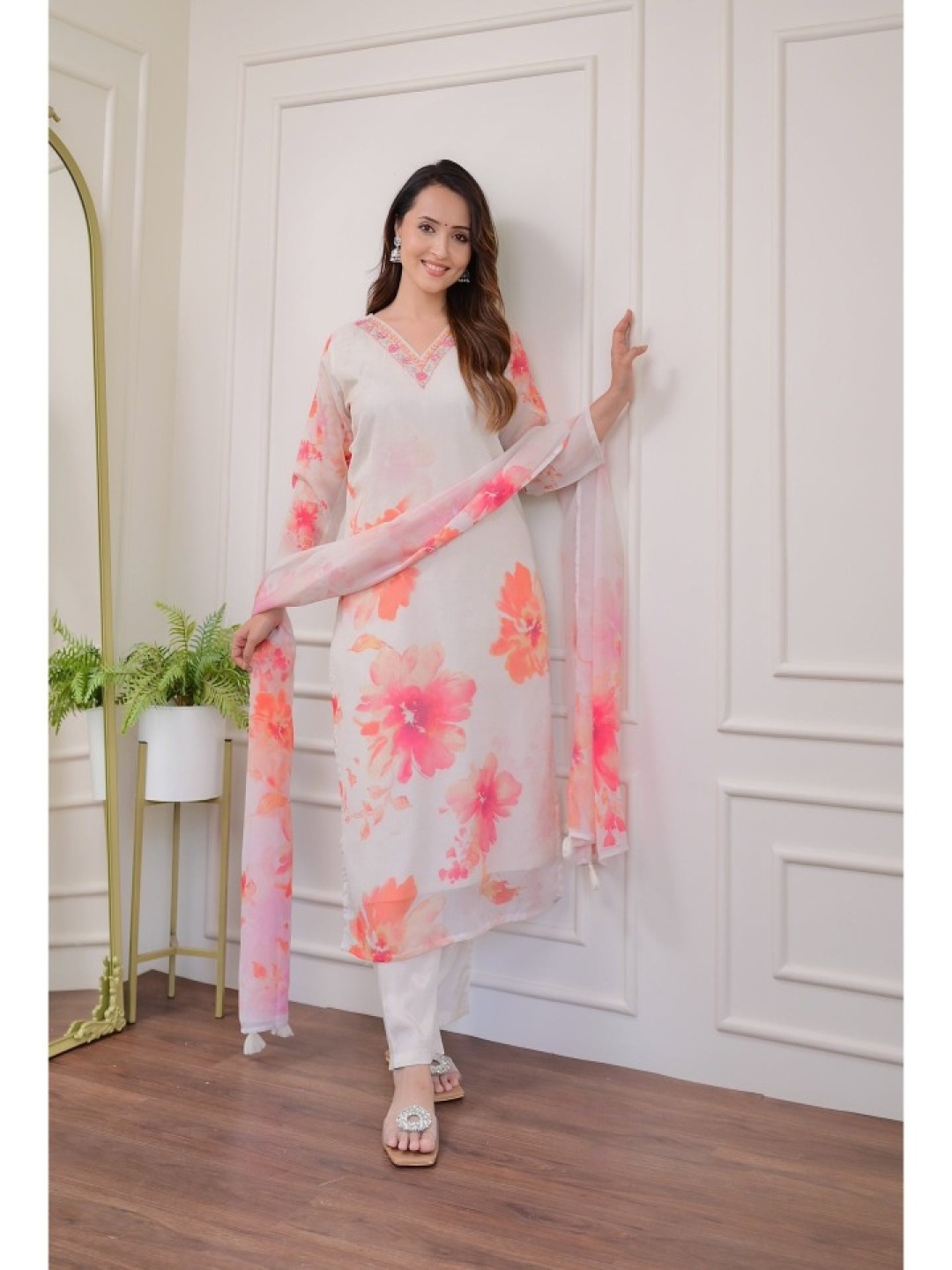 

KALINI Floral Printed Thread Work V-neck Organza Straight Kurta With Trouser And Dupatta, White