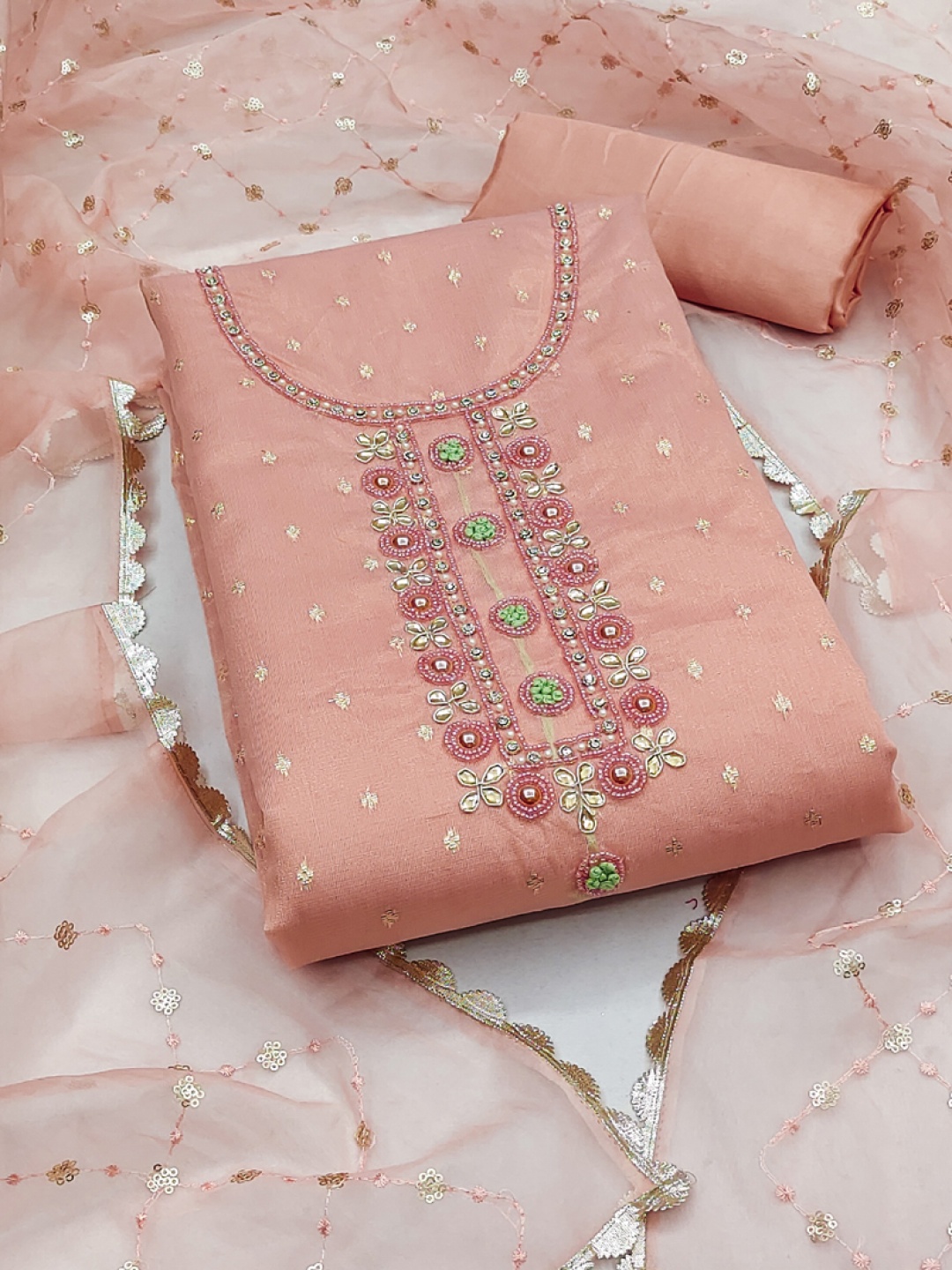 

ASISA Floral Printed Beads And Stones Organza Unstitched Dress Material, Peach