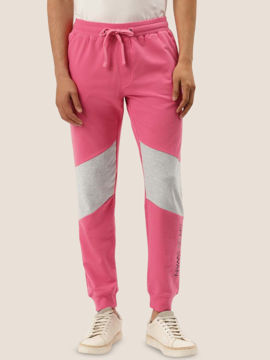 

AMSWAN Men Colourblocked Cotton Mid-Rise Joggers, Pink