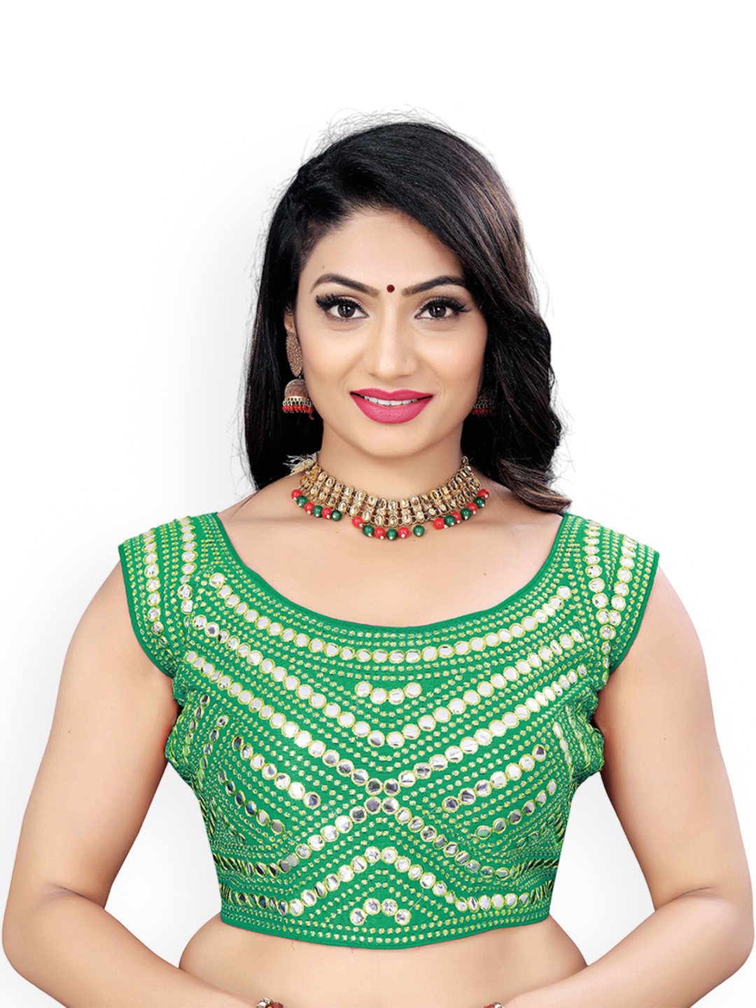 

HERE&NOW Women Mirror Work Embellished Saree Blouse, Green