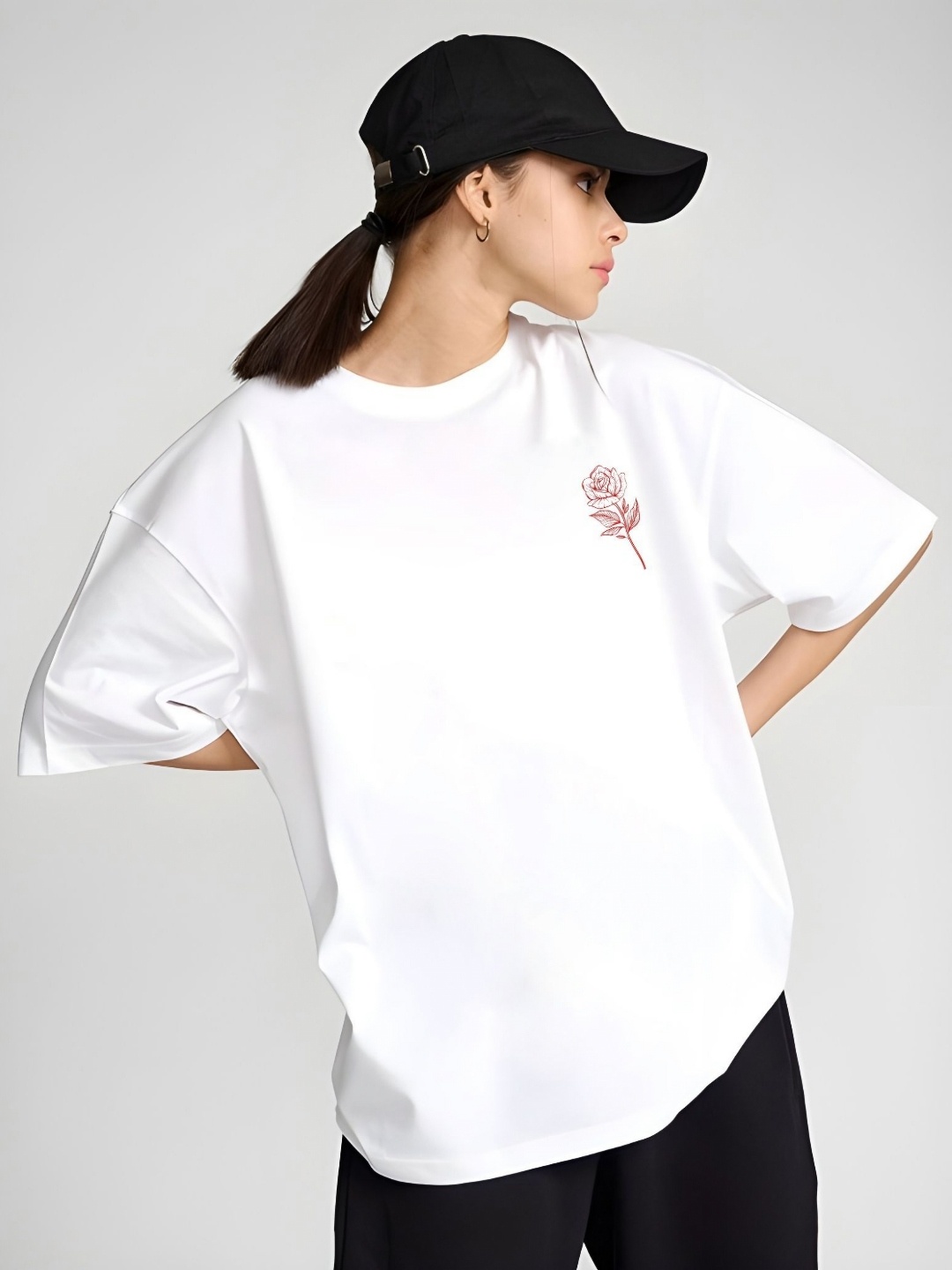 

SZN Women Floral Printed Round Neck Cotton Oversized T-shirt, White