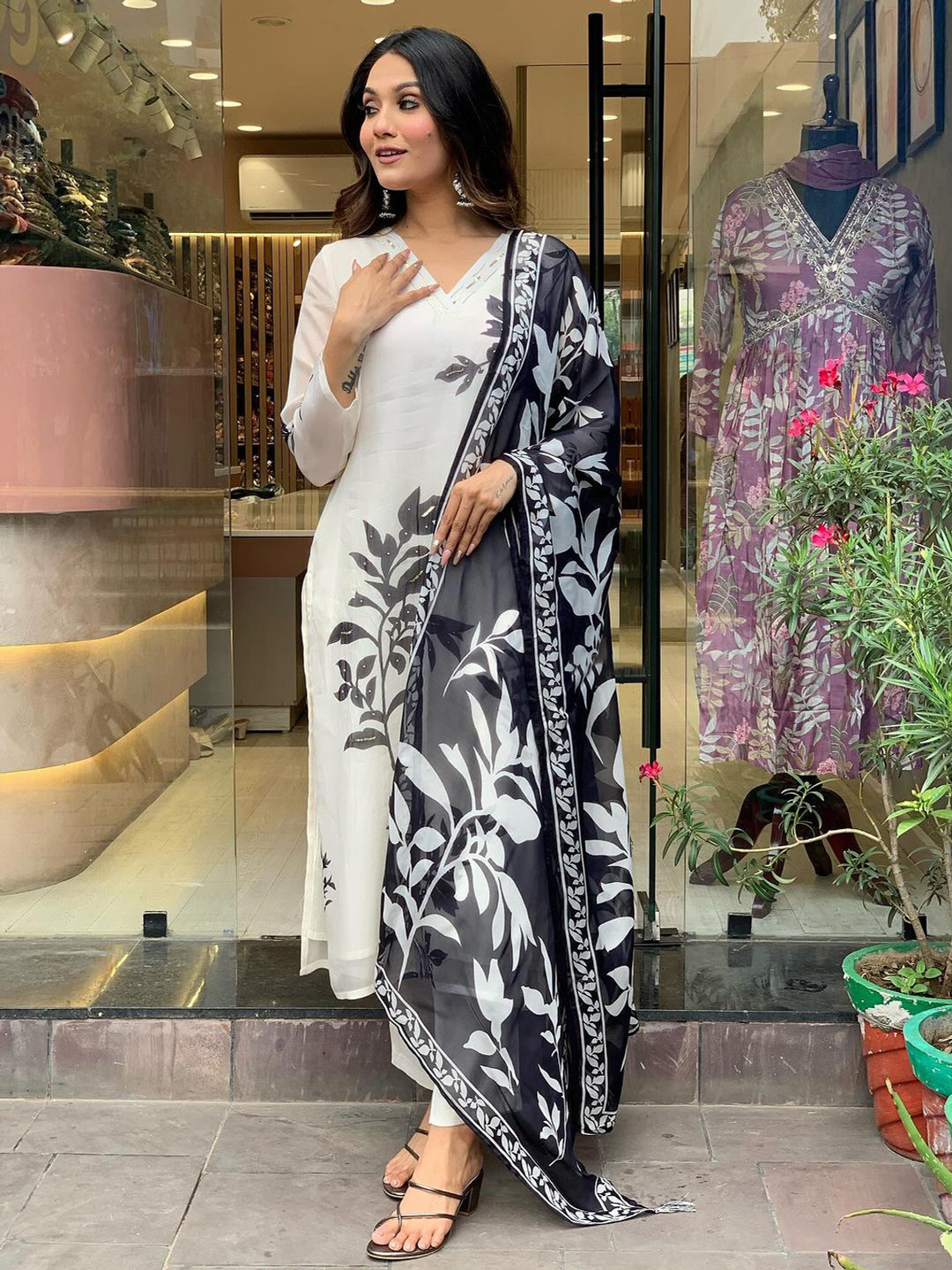 

Fashion Ritmo Floral Printed V-Neck Chanderi Silk Kurta With Trouser And Dupatta, White