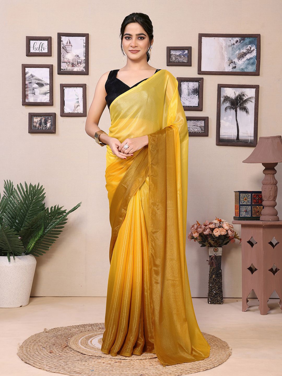 

DIVASTRI Ombre Poly Chiffon Ready to Wear Saree, Yellow