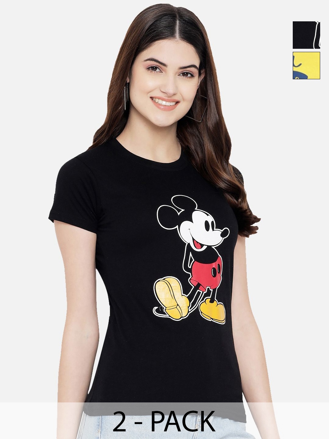 

Dreambe Women Pack Of 2 Mickey Mouse Graphic Printed Round Neck Cotton T-shirts, Black