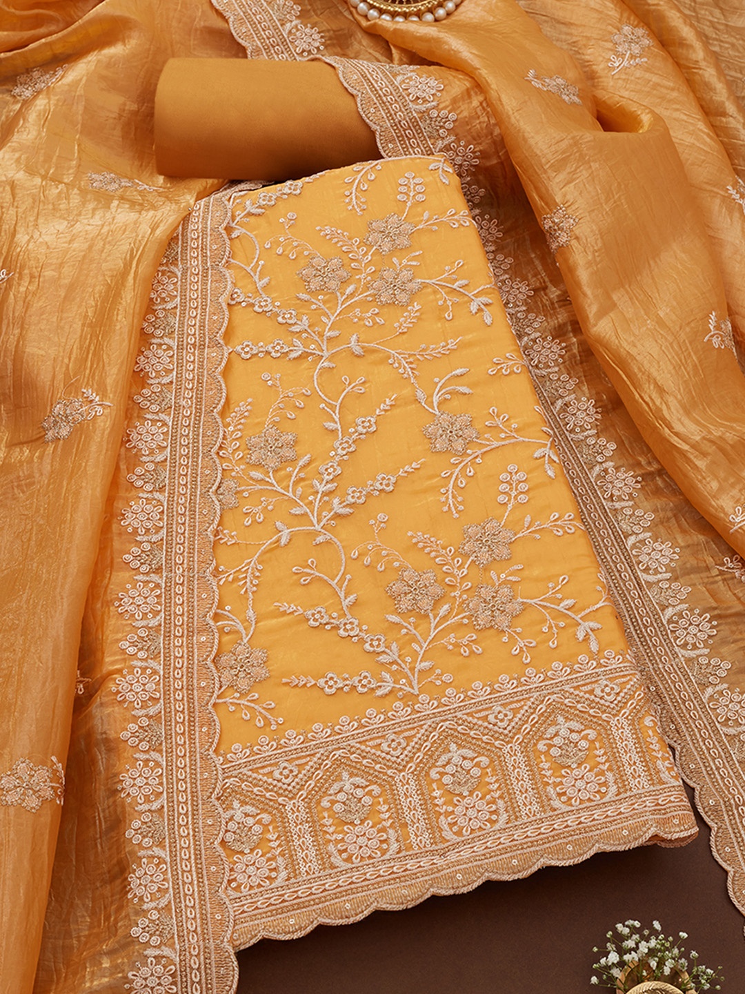 

Soch Floral Embroidered Sequinned Crushed Silk Unstitched Dress Material, Orange