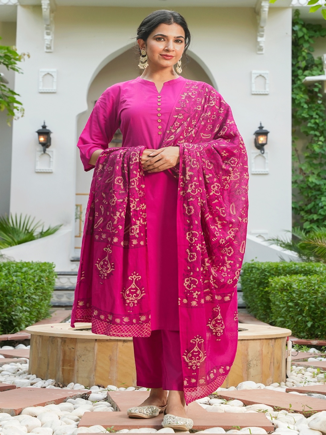 

Aramya Mandarin Collar Straight Pure Cotton Kurta With Trousers And Dupatta, Pink