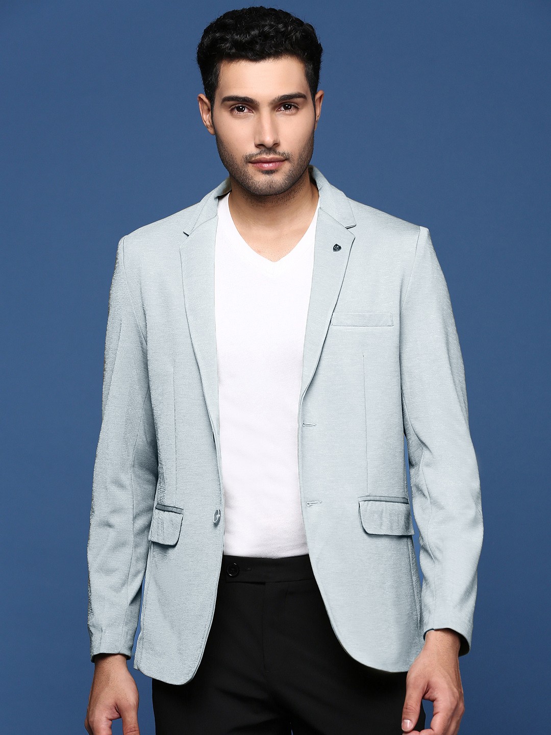 

SHOWOFF Slim-Fit Notched Lapel Collar Cotton Single-Breasted Casual Blazer, Blue