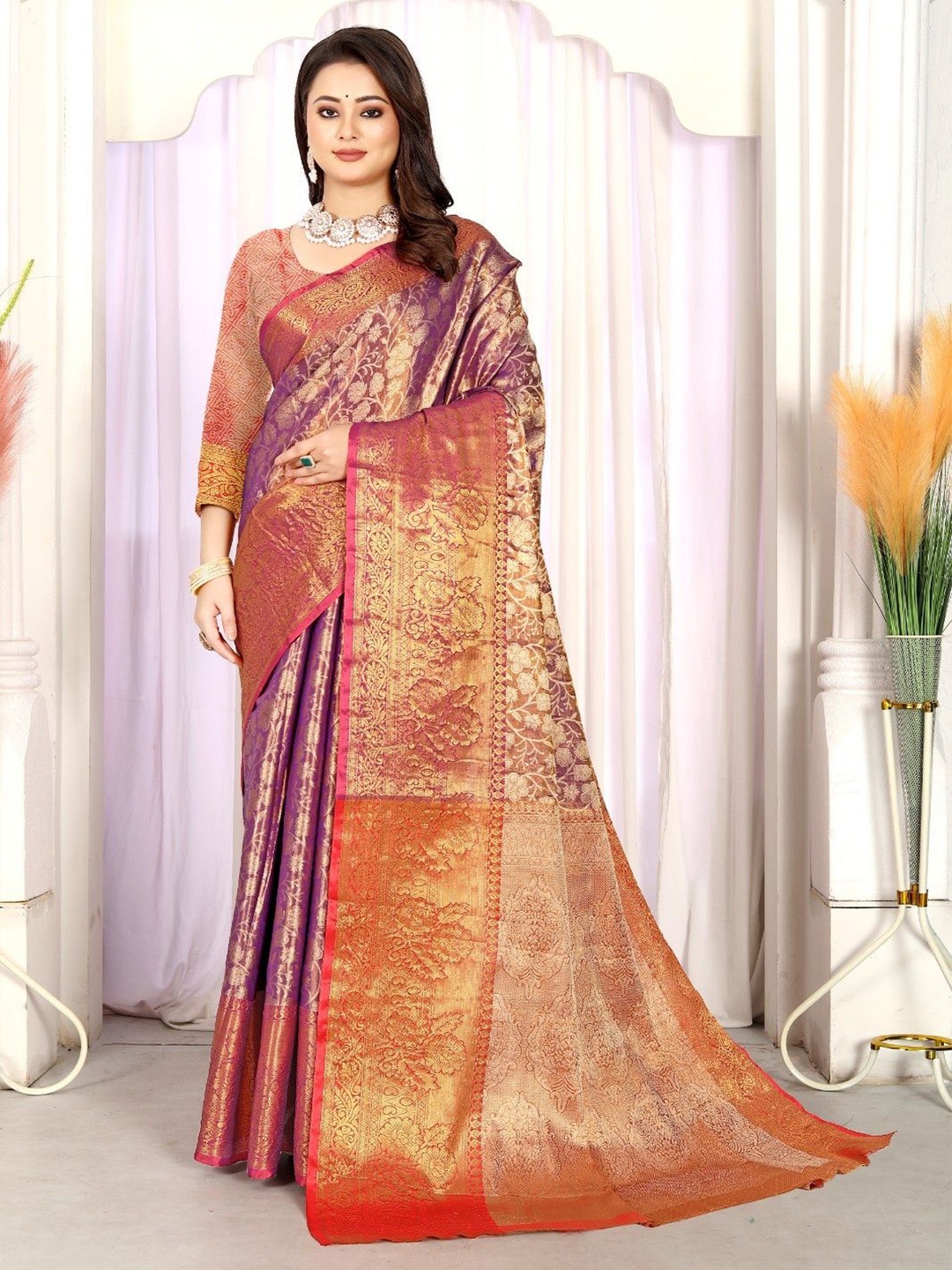 

VISHNU CREATIONS Woven Design Zari Pure Silk Banarasi Saree, Purple