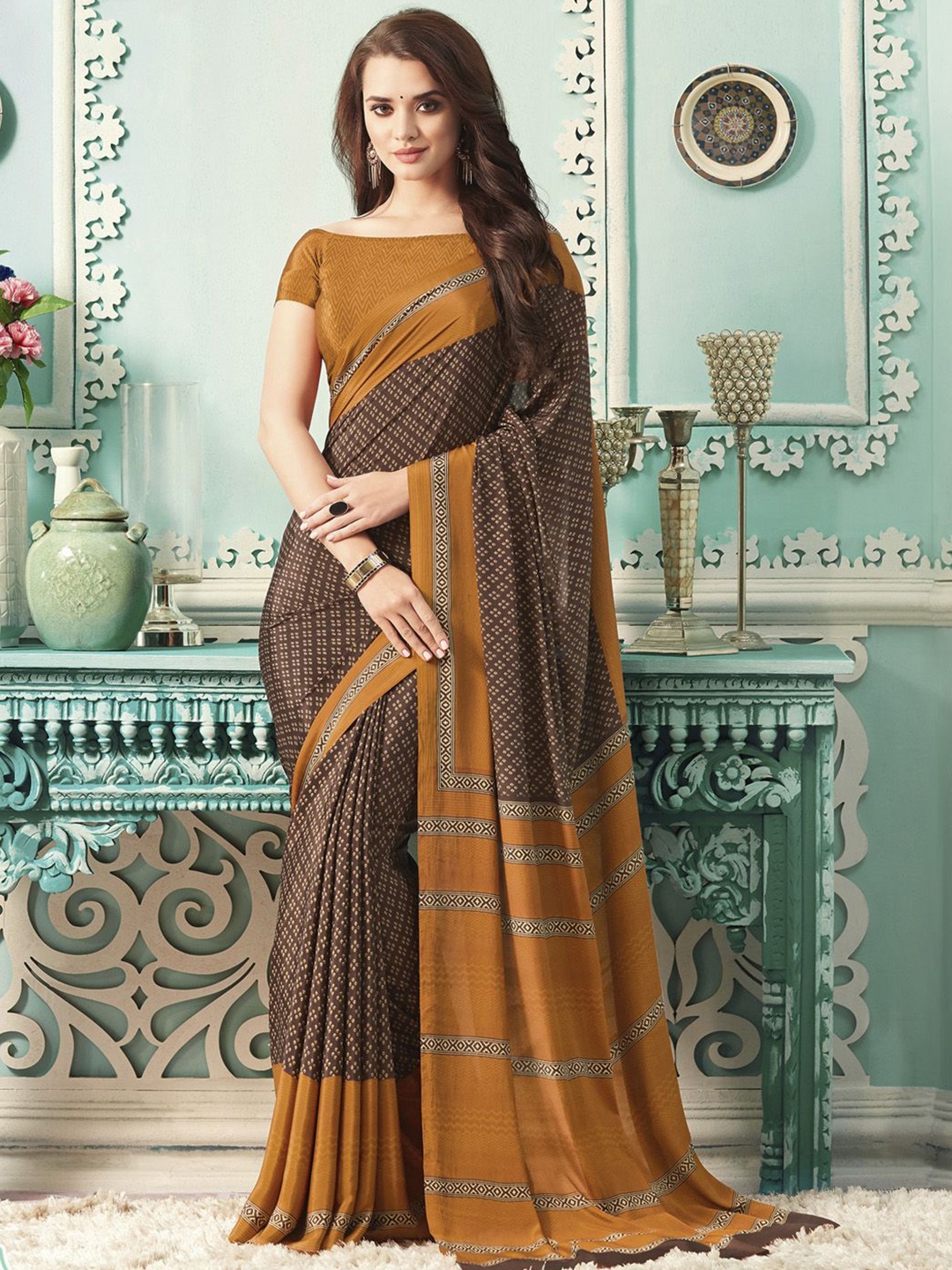 

Anouk Rustic Bandhani Poly Crepe Bagru Saree, Brown