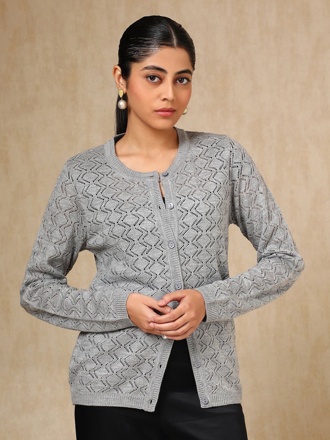 

Soch Women Acrylic Crochet Cardigan, Grey