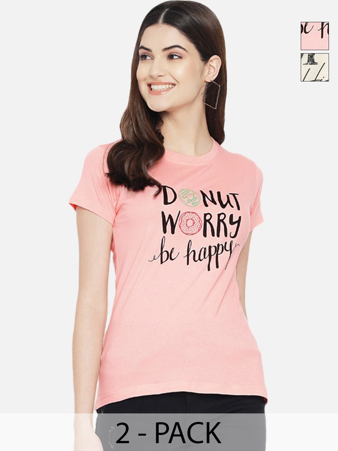 

Dreambe Women Pack Of 2 Typography Printed Round Neck Cotton T-shirts, Pink