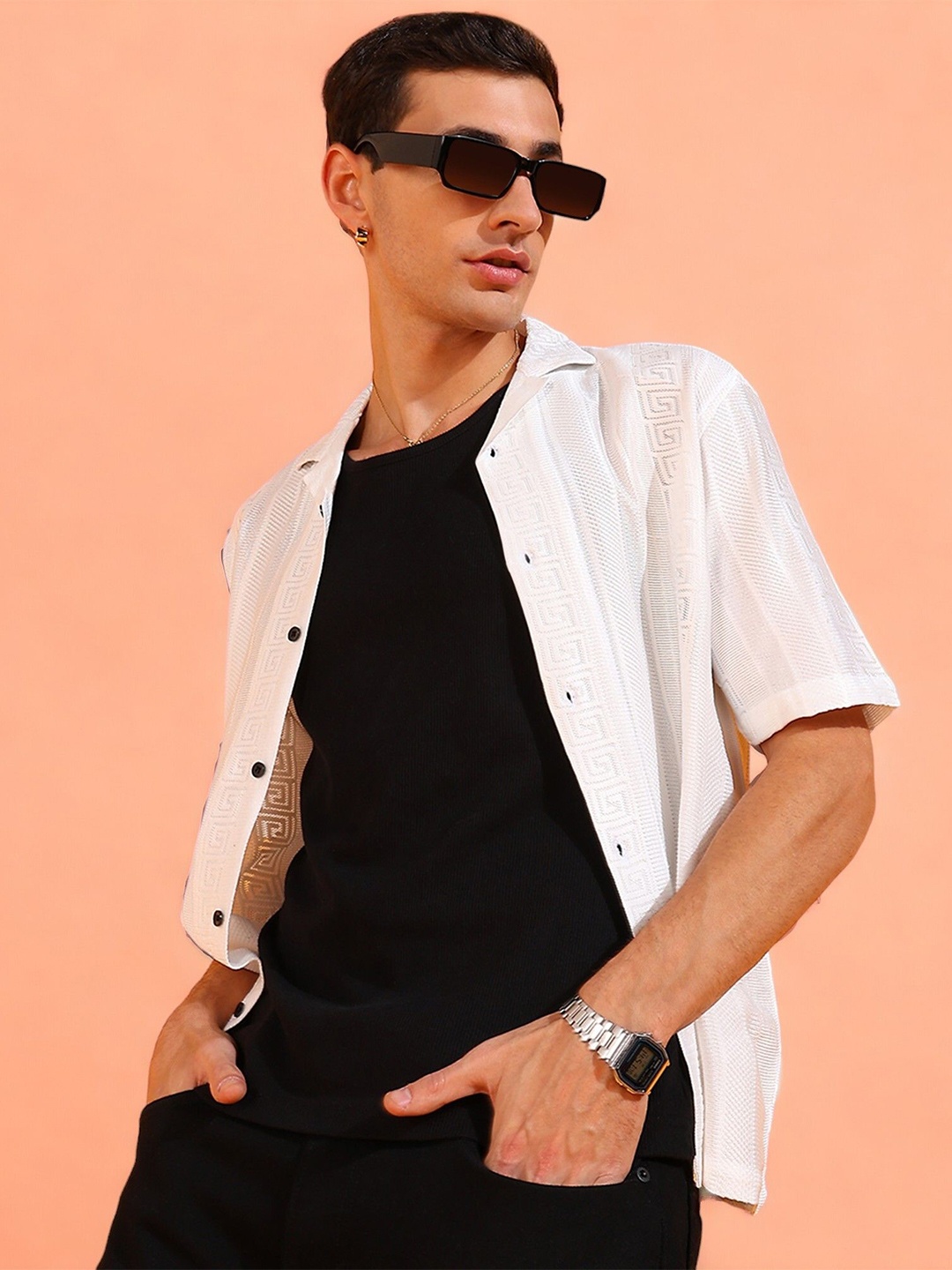 

INDICLUB Men Relaxed Fit Cuban Collar Textured Casual Shirt, White
