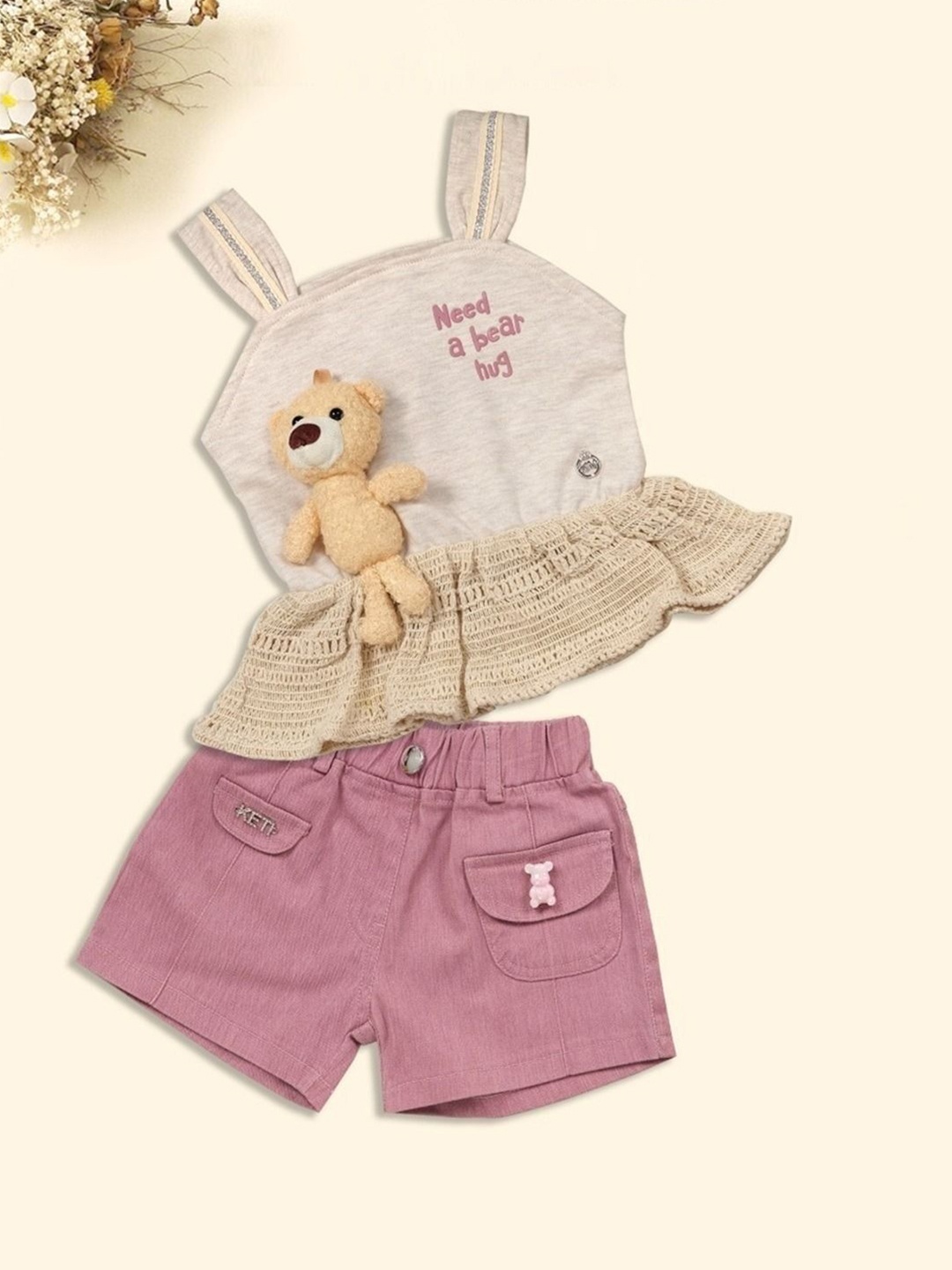 

Babys Day Girls Teddy Bear Applique Work Pure Cotton Top With Shorts, Beige