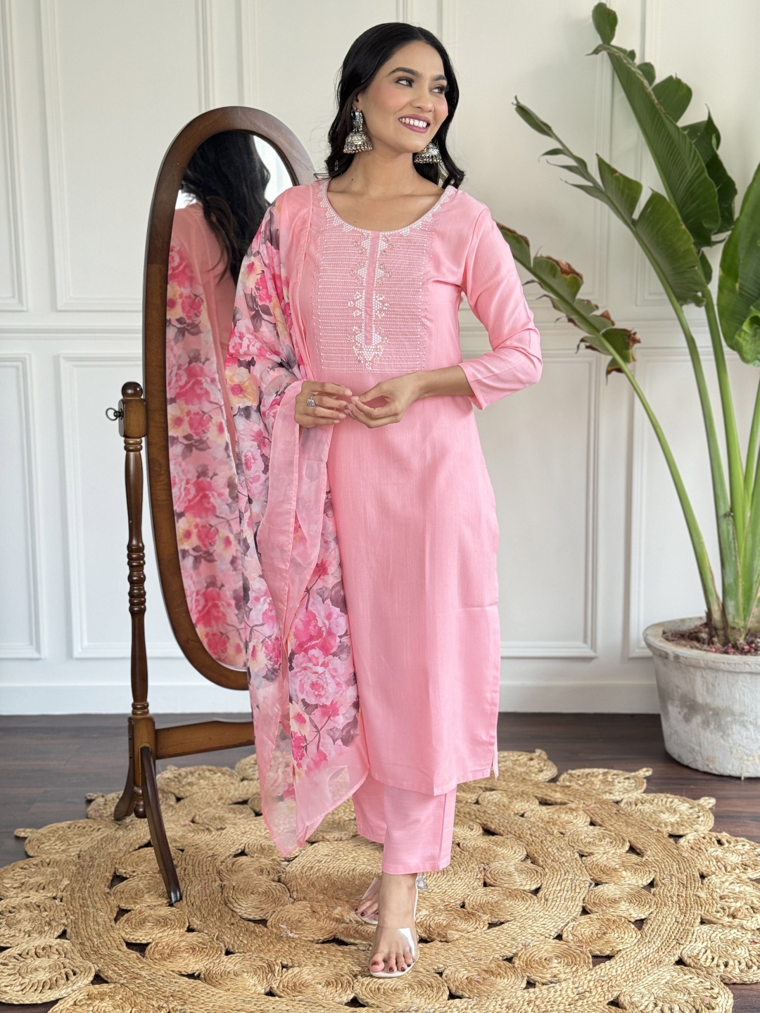 

KALINI Floral Yoke Design Sequinned Straight Kurta With Trousers And Dupatta, Pink