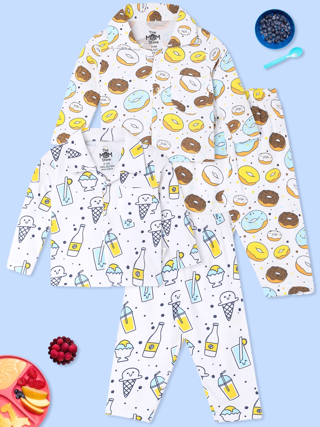 

The Mom Store Kids Shirt Collar Pure Cotton Night suit, White