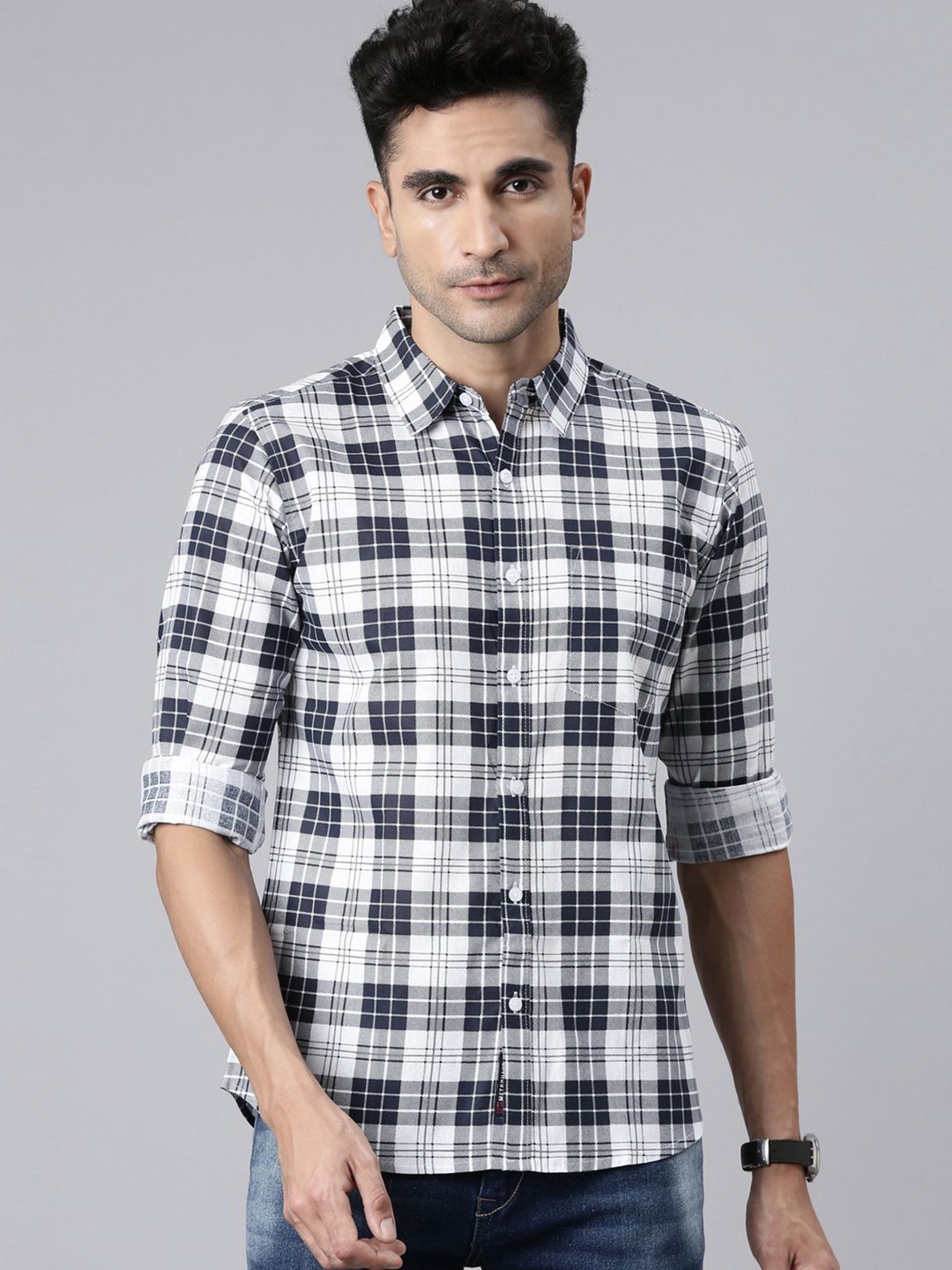 

Metronaut Men Spread Collar Tartan Checked Cotton Casual Shirt, White