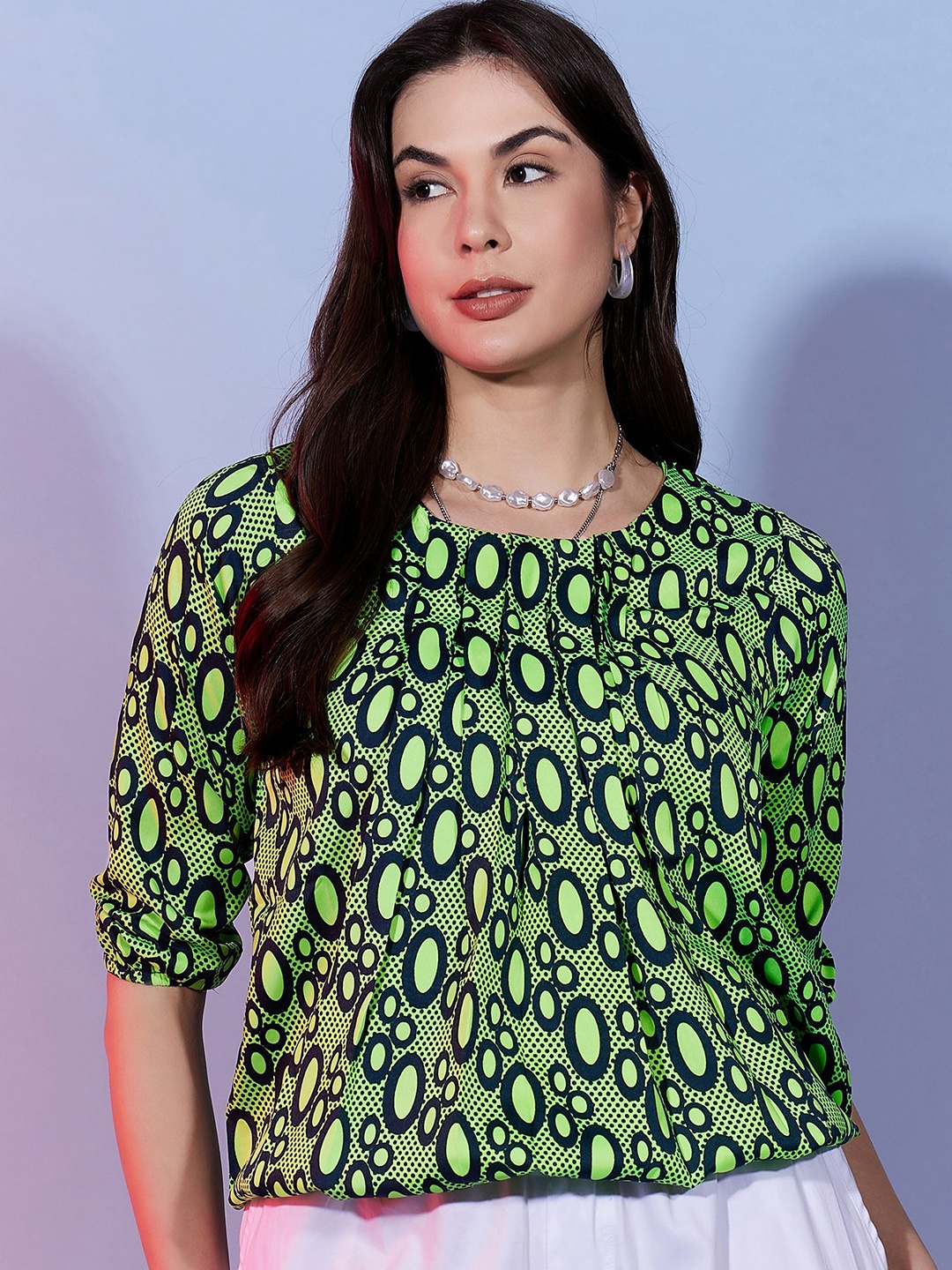 

DressBerry Animal Print Puff Sleeves Round Neck Top, Fluorescent green