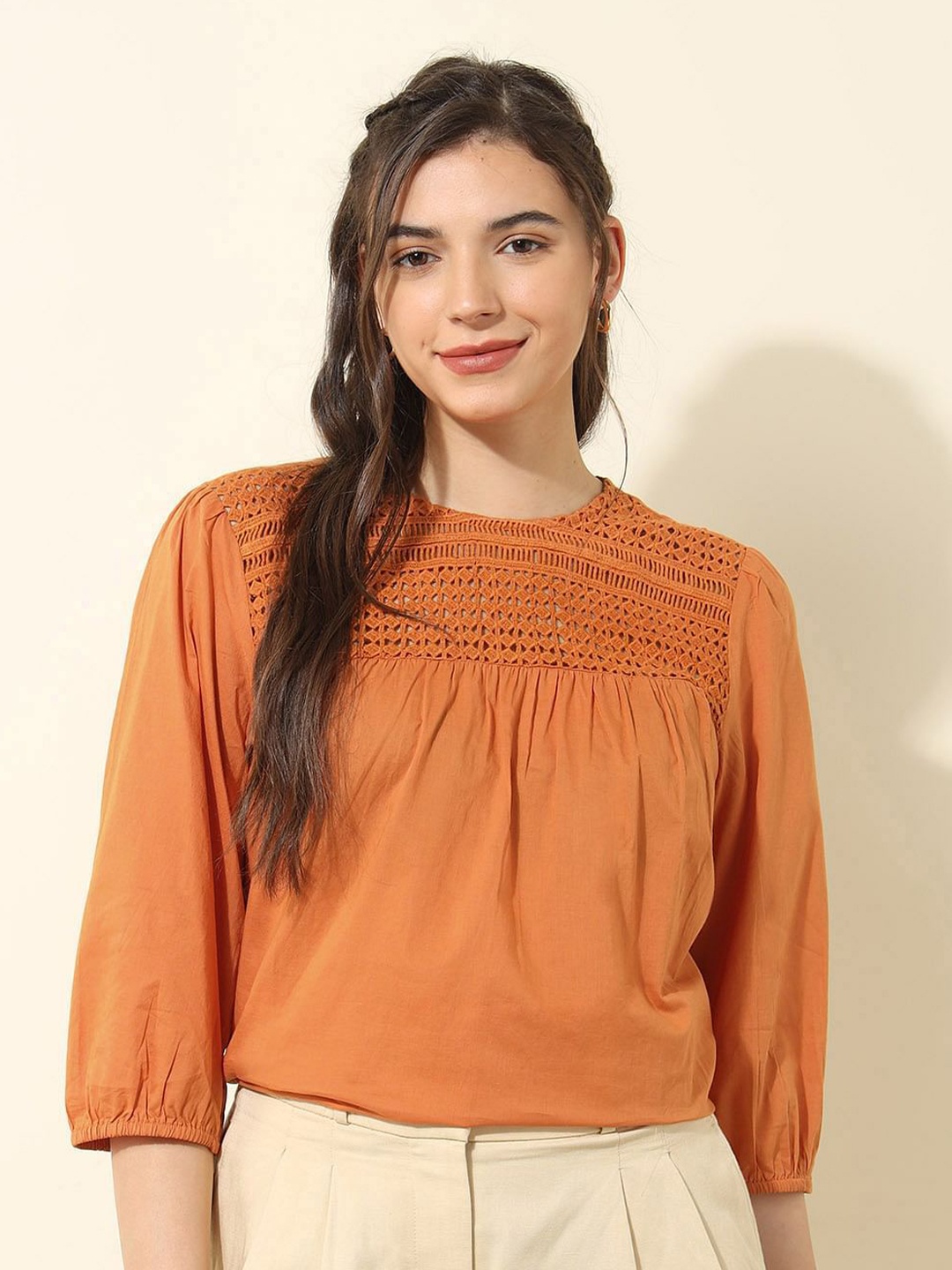 

U.S. Polo Assn. Women Solid Self Design Cuffed Sleeve Cotton Top, Rust