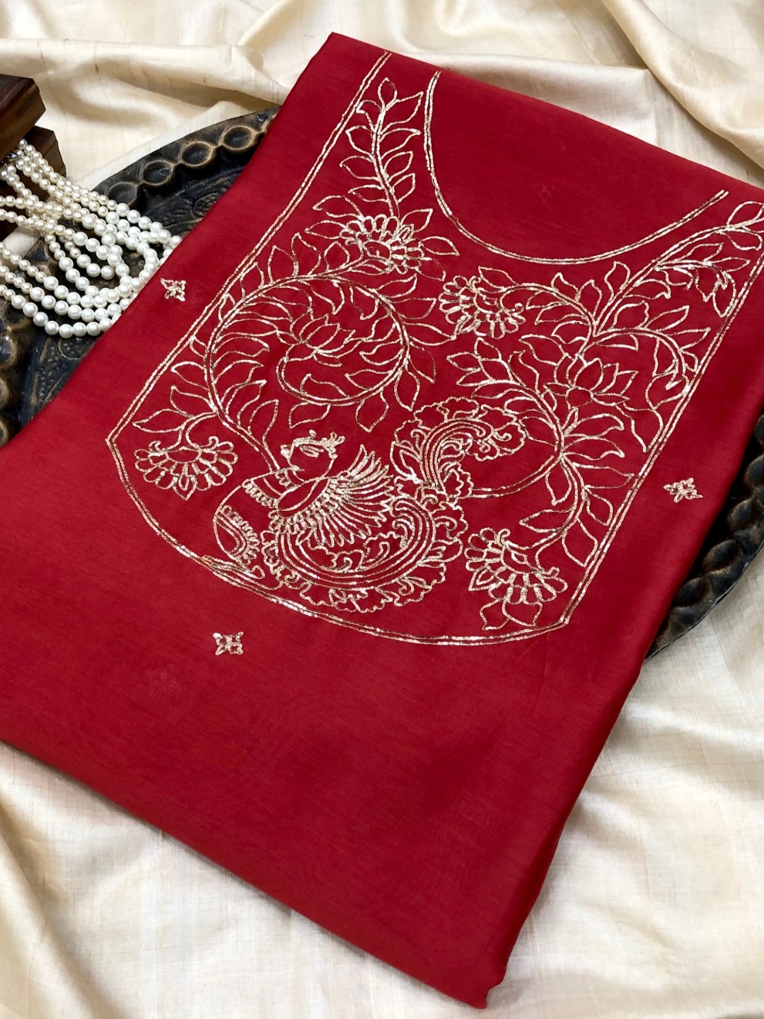 

PALASH Floral Embroidered Pure Silk Unstitched Dress Material, Red