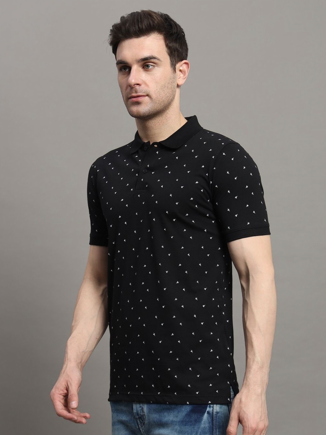 

MERRIMENT Men Geometric Printed Polo Collar Cotton T-shirt, Black