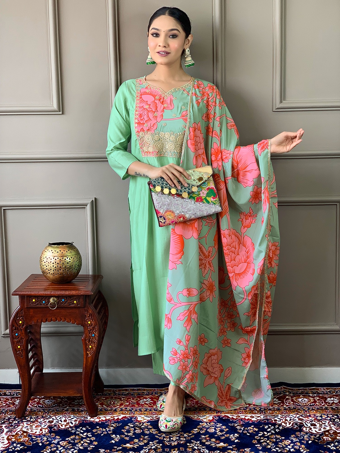 

KALINI Yoke Design V-Neck Straight Thread Work Kurta With Trousers And Dupatta, Green